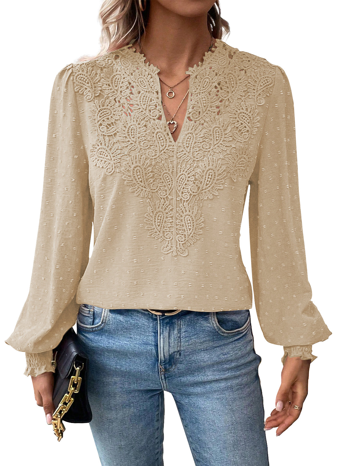 Womens Tops Swiss Dot Boho Long Sleeve Shirts V Neck Casual Chiffon Blouses