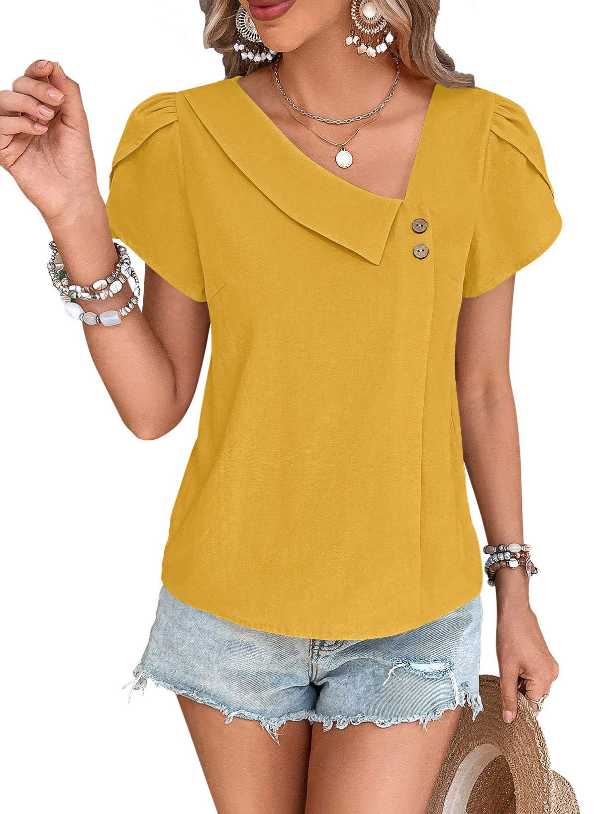 Blouses for Women Dressy Casual Petal Sleeve V Neck Asymmetric Collar Summer Tops