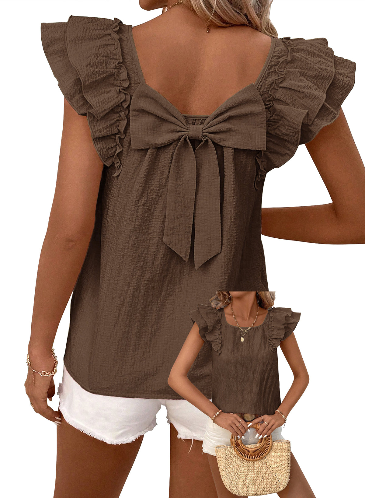 Womens Bow Tie Back Tops Ruffle Short Sleeve Shirts Cute Babydoll Chiffon Tee