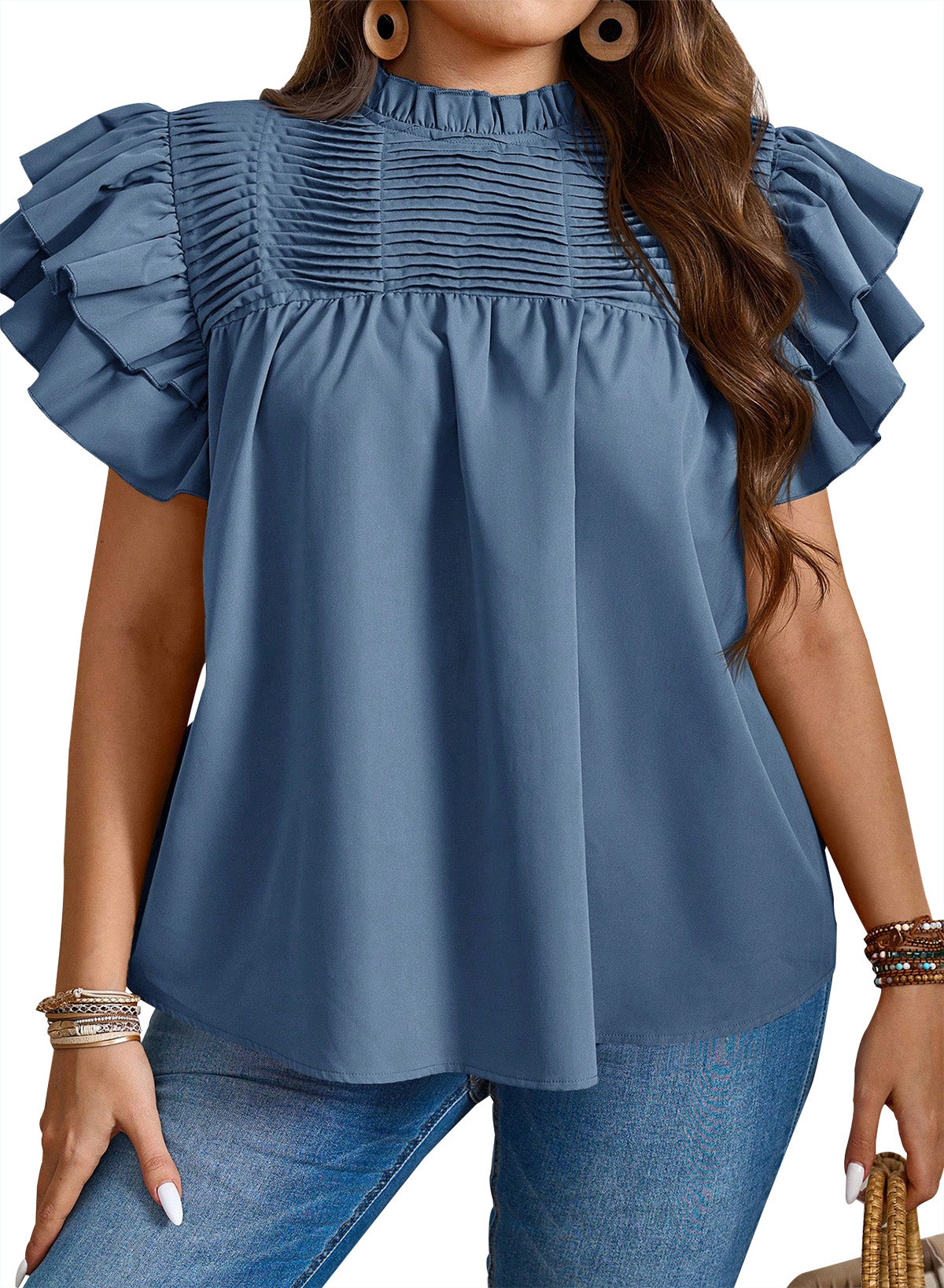 Womens Summer Tops Plus Size Ruffle Sleeve Blouses Dressy Casual Mock Neck