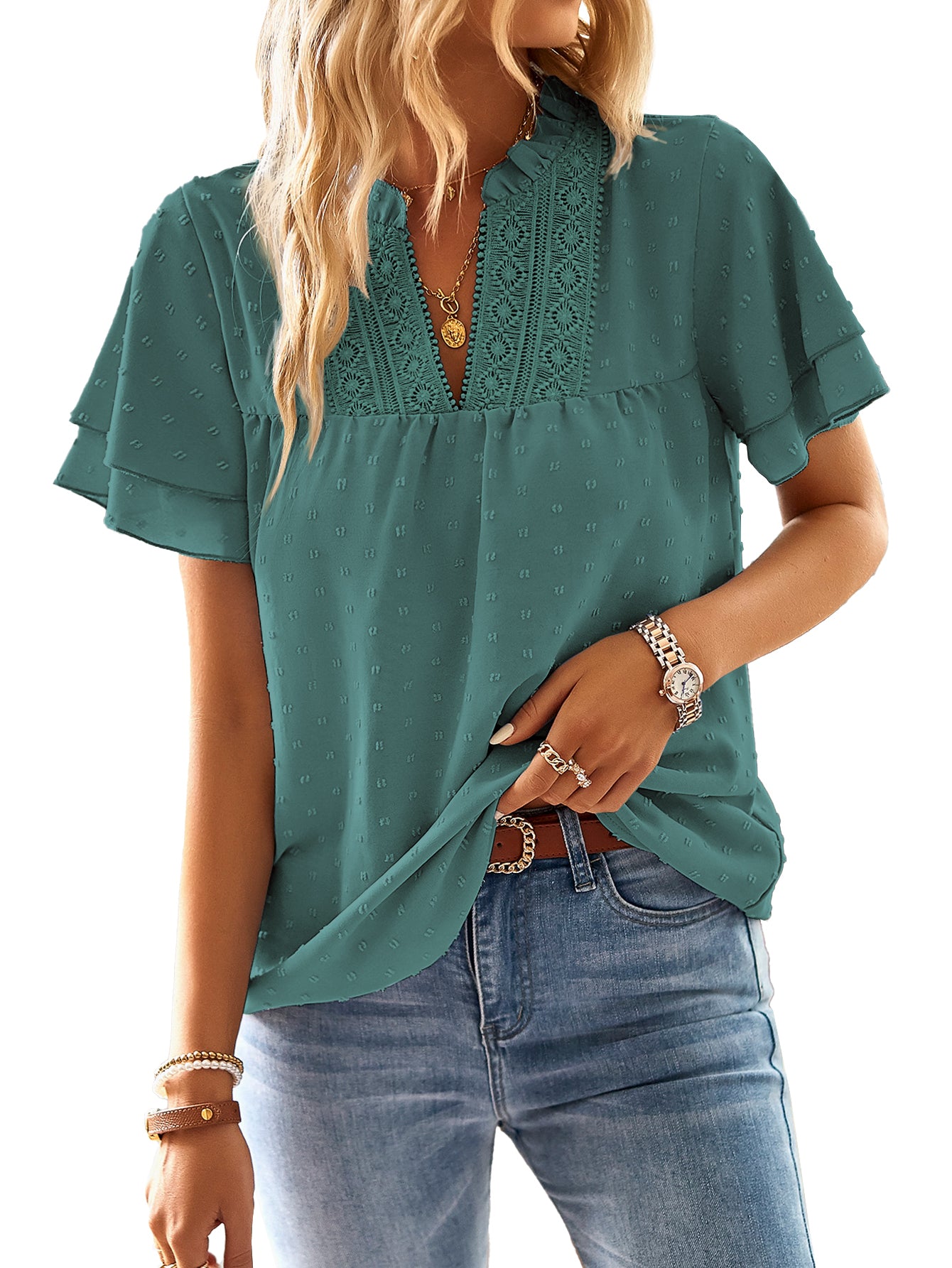 Womens Tops Butterfly Sleeve V Neck Blouses Swiss Dot Flowy Ruffle Short Sleeve Shirts