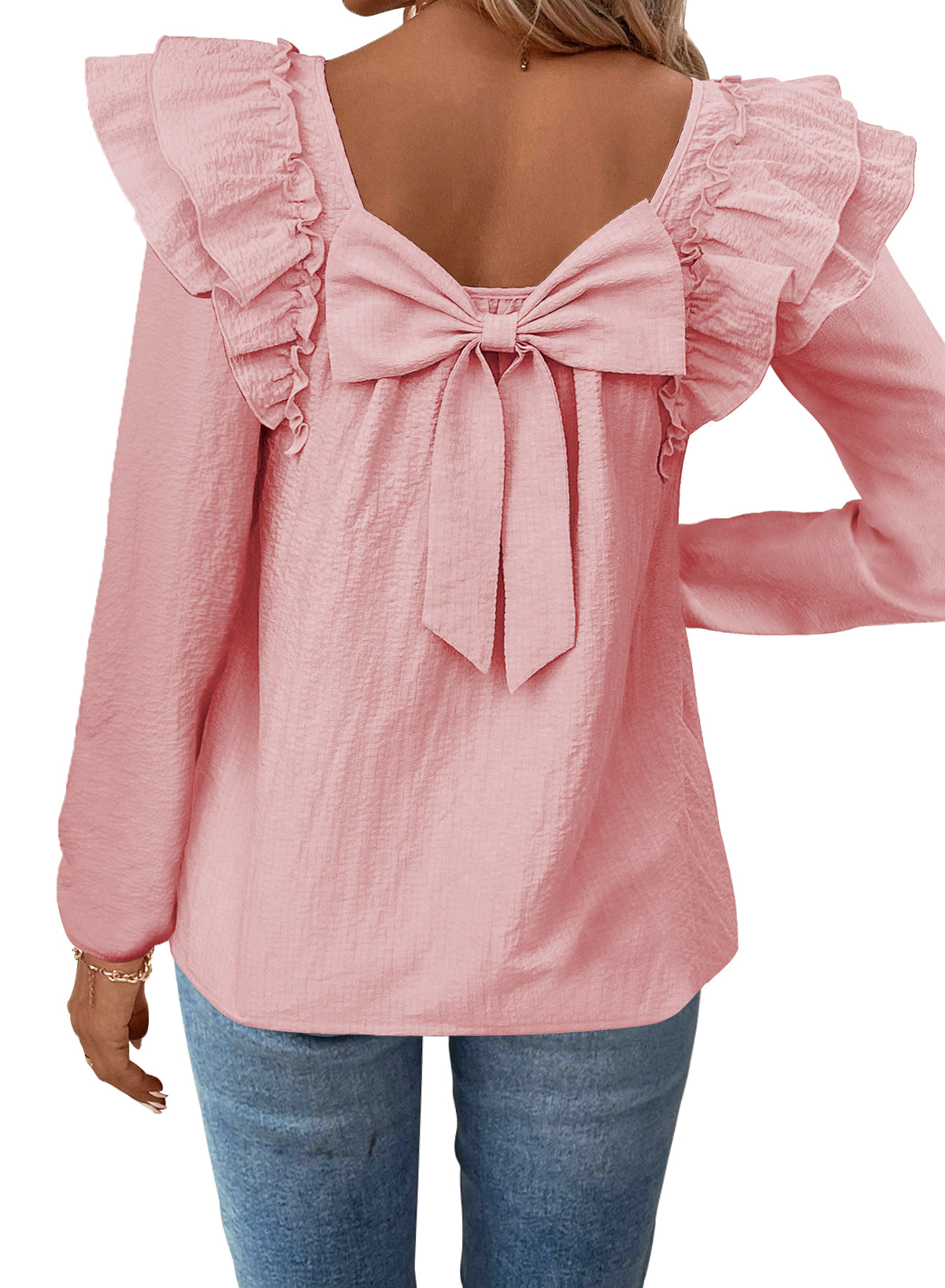 Womens Bow Tie Back Tops Square Neck Long Ruffle Sleeve T-Shirts