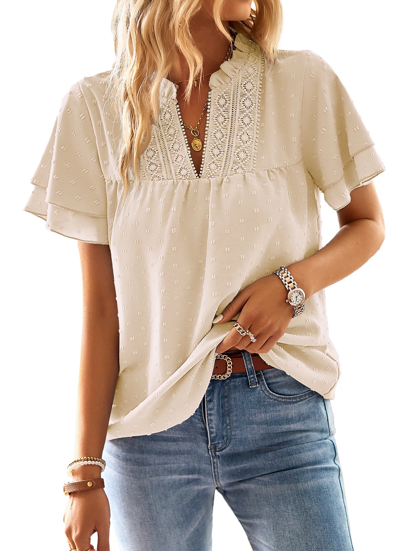 Womens Tops Butterfly Sleeve V Neck Blouses Swiss Dot Flowy Ruffle Short Sleeve Shirts