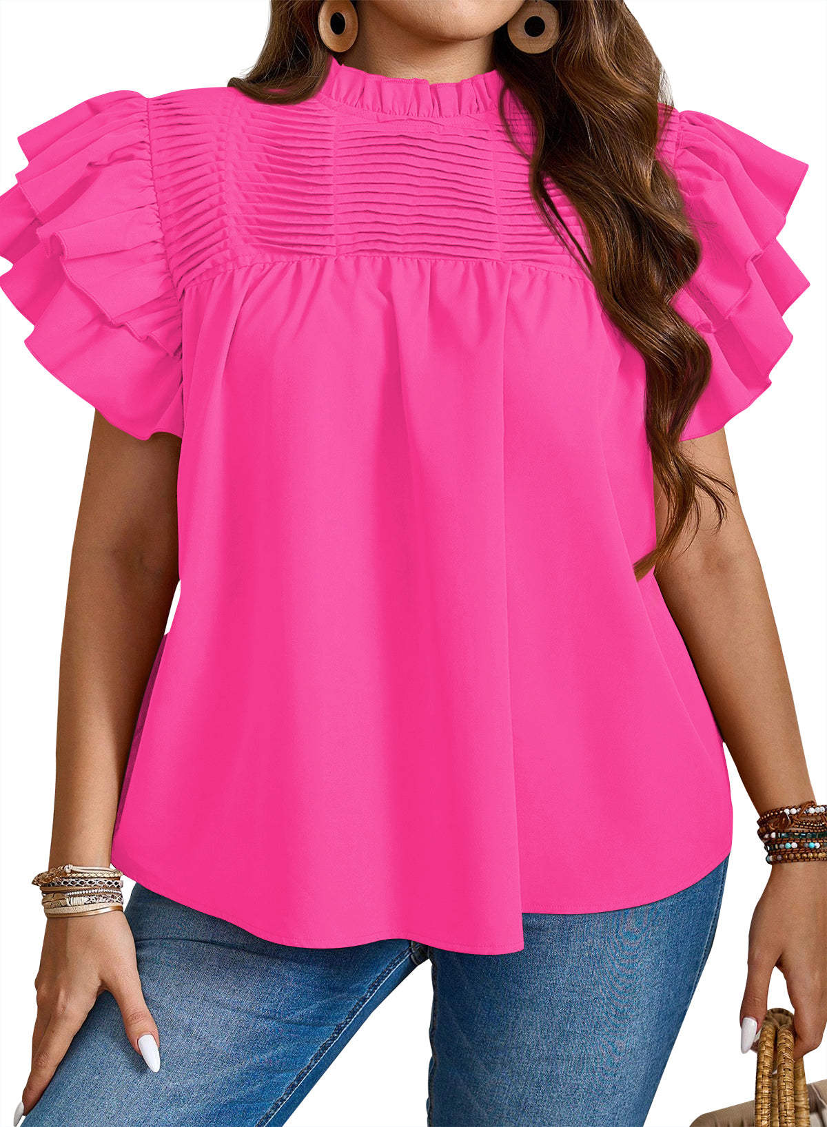 Womens Summer Tops Plus Size Ruffle Sleeve Blouses Dressy Casual Mock Neck