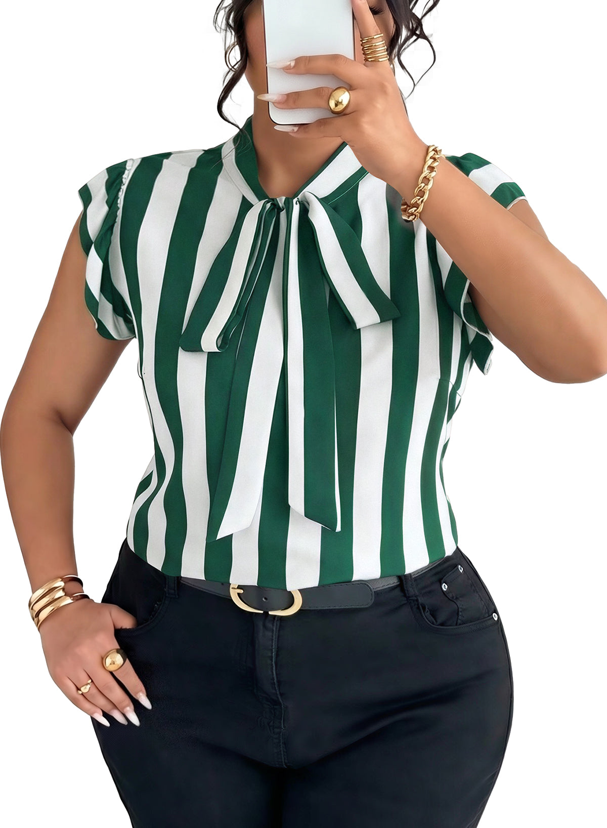 Women's Vertical Striped Tie Neck Blouses Ruffle Cap Sleeve Summer Work Tops
