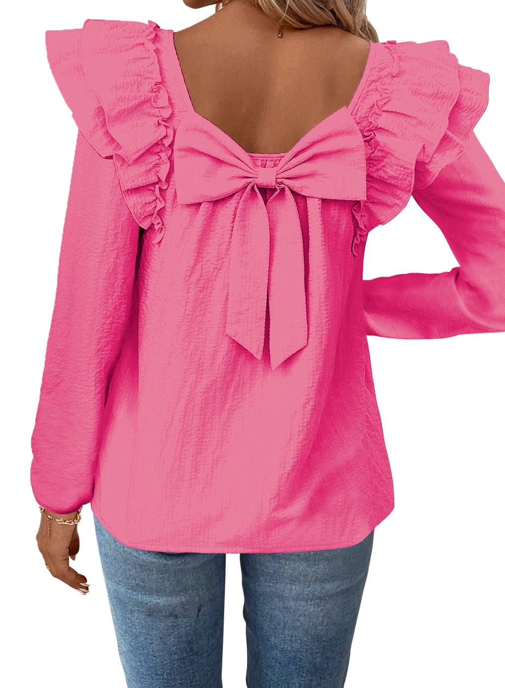 Womens Bow Tie Back Tops Square Neck Long Ruffle Sleeve T-Shirts