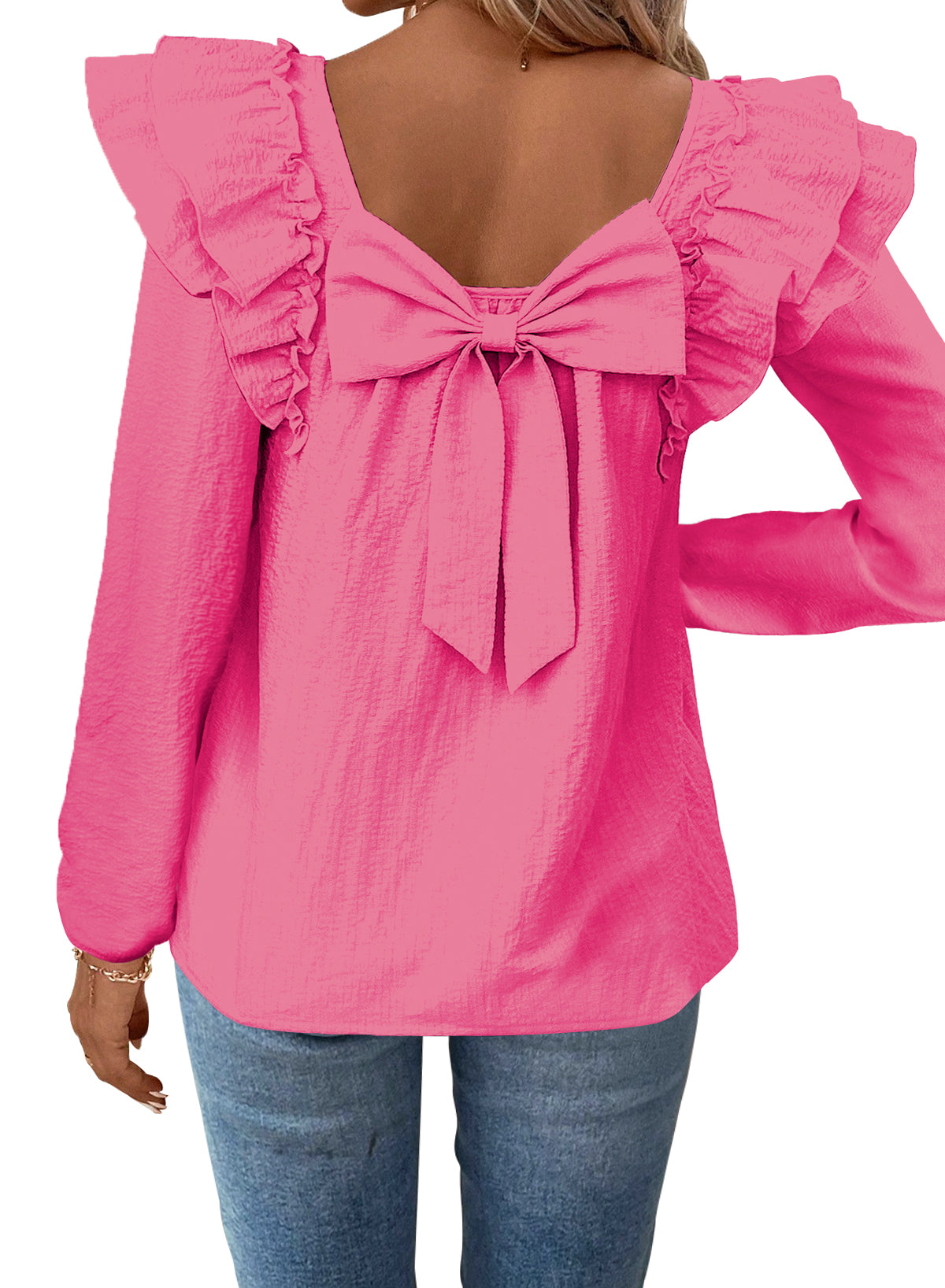 Womens Bow Tie Back Tops Square Neck Long Ruffle Sleeve T-Shirts