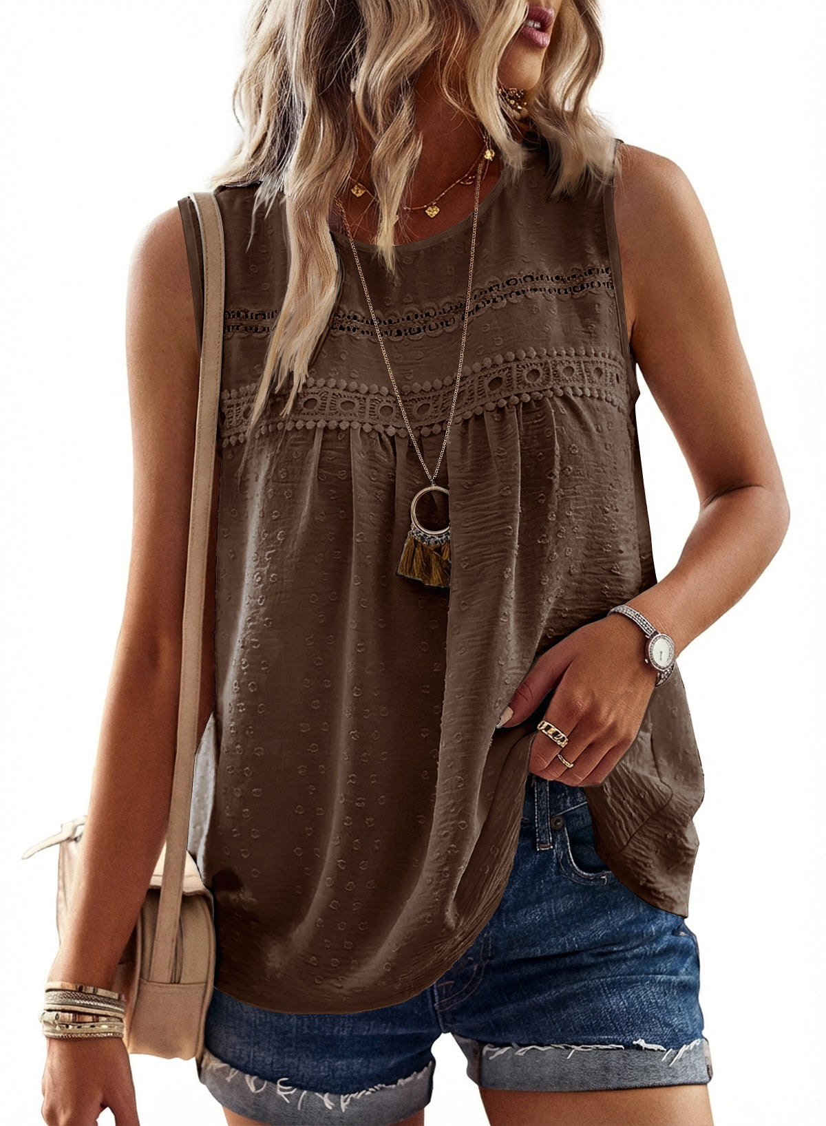 Womens Summer Tops Boho Shirts Crewneck Sleeveless Tank Tops Flowy Lace Hem Casual Blouses