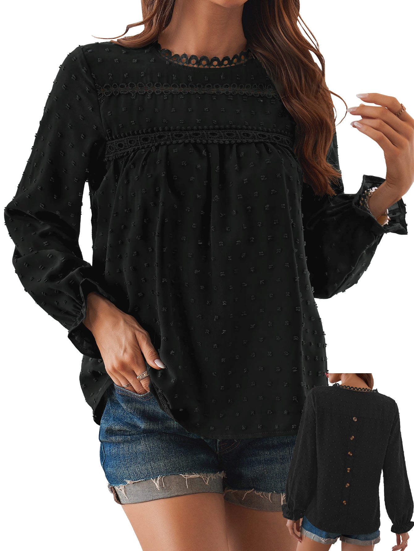 Womens Boho Tops Long Sleeve Shirts For Women Swiss Dot Cute Crewneck Blouse