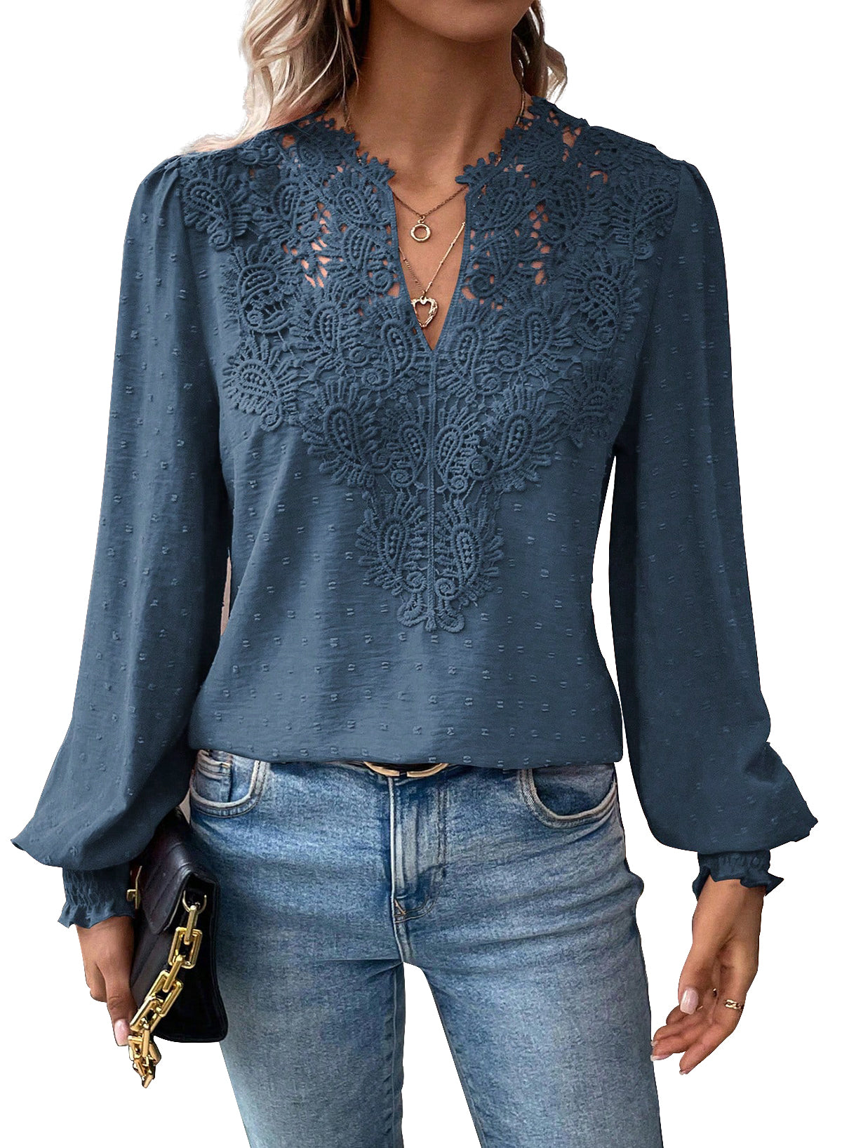 Womens Tops Swiss Dot Boho Long Sleeve Shirts V Neck Casual Chiffon Blouses