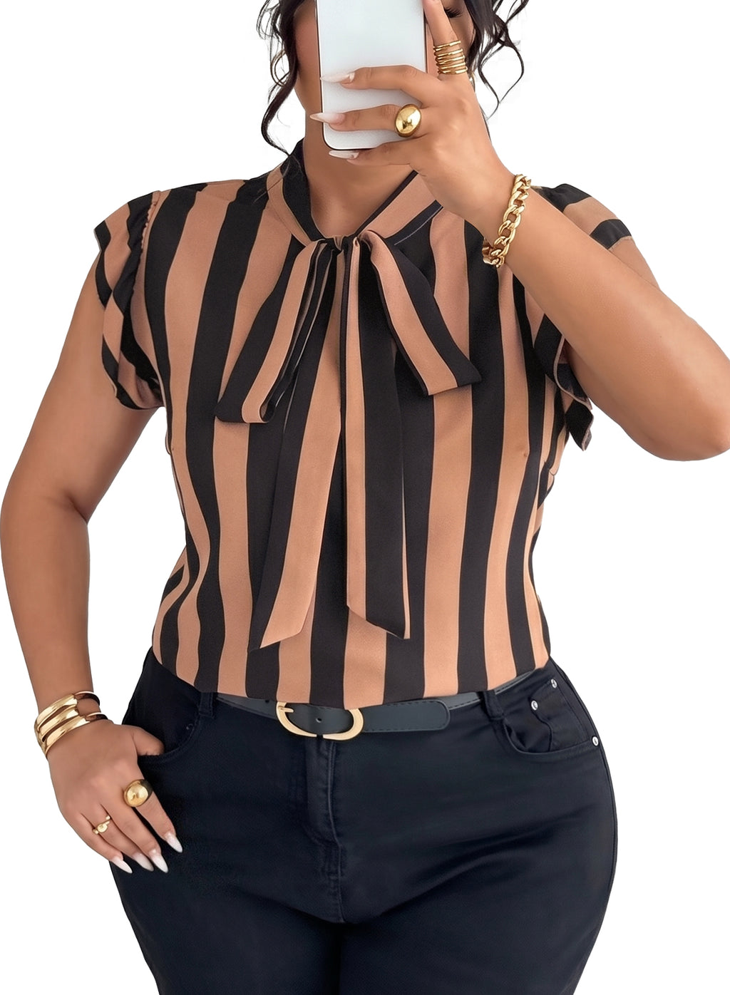 Women's Vertical Striped Tie Neck Blouses Ruffle Cap Sleeve Summer Work Tops