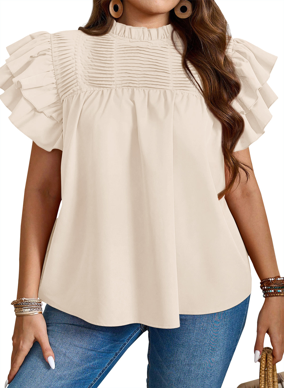 Womens Summer Tops Plus Size Ruffle Sleeve Blouses Dressy Casual Mock Neck