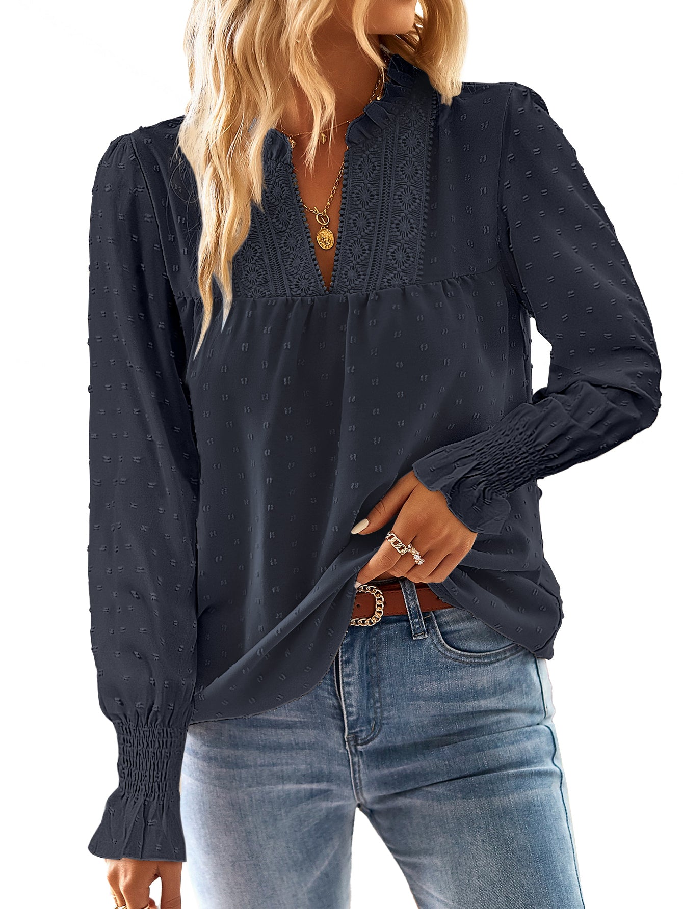 Boho Tops for Women V Neck Blouses Flowy Swiss Dot Lace Long Sleeve Shirts