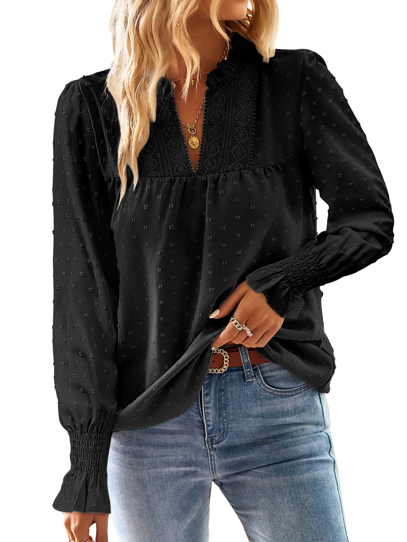 Boho Tops for Women V Neck Blouses Flowy Swiss Dot Lace Long Sleeve Shirts