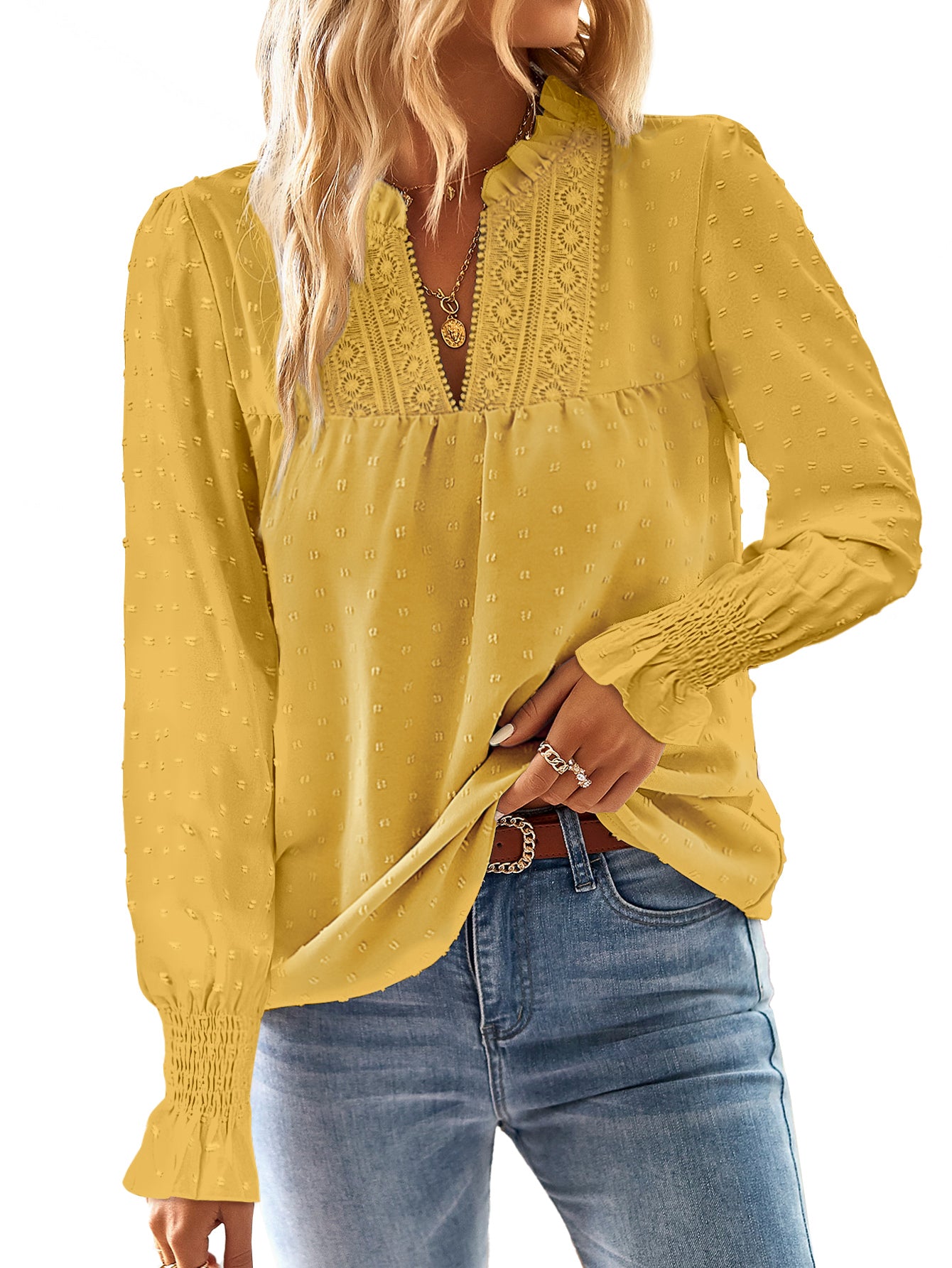 Boho Tops for Women V Neck Blouses Flowy Swiss Dot Lace Long Sleeve Shirts