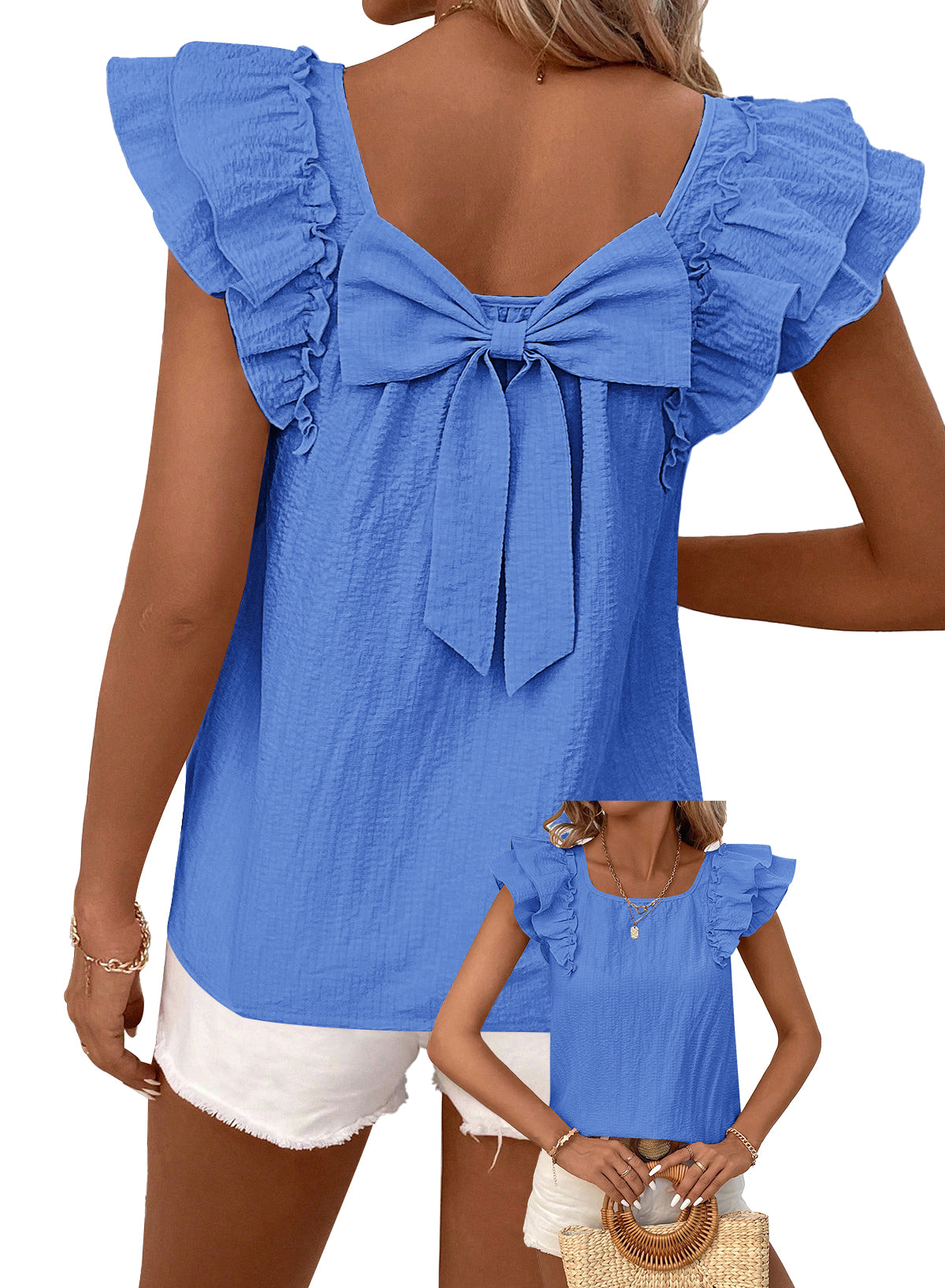 Womens Bow Tie Back Tops Ruffle Short Sleeve Shirts Cute Babydoll Chiffon Tee