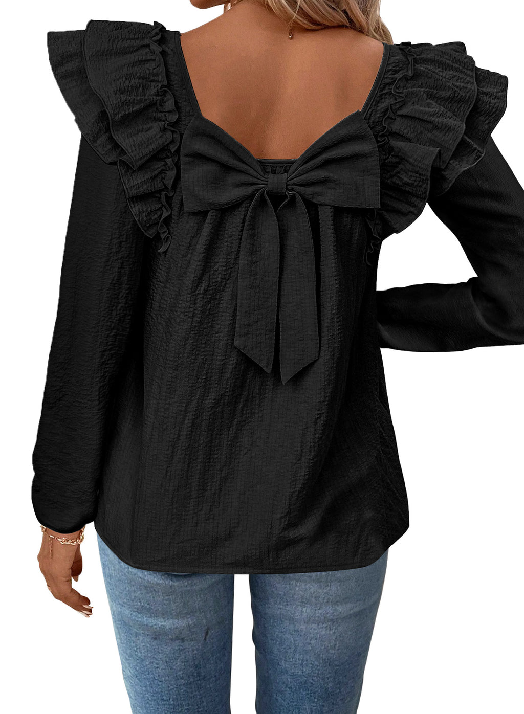 Womens Bow Tie Back Tops Square Neck Long Ruffle Sleeve T-Shirts