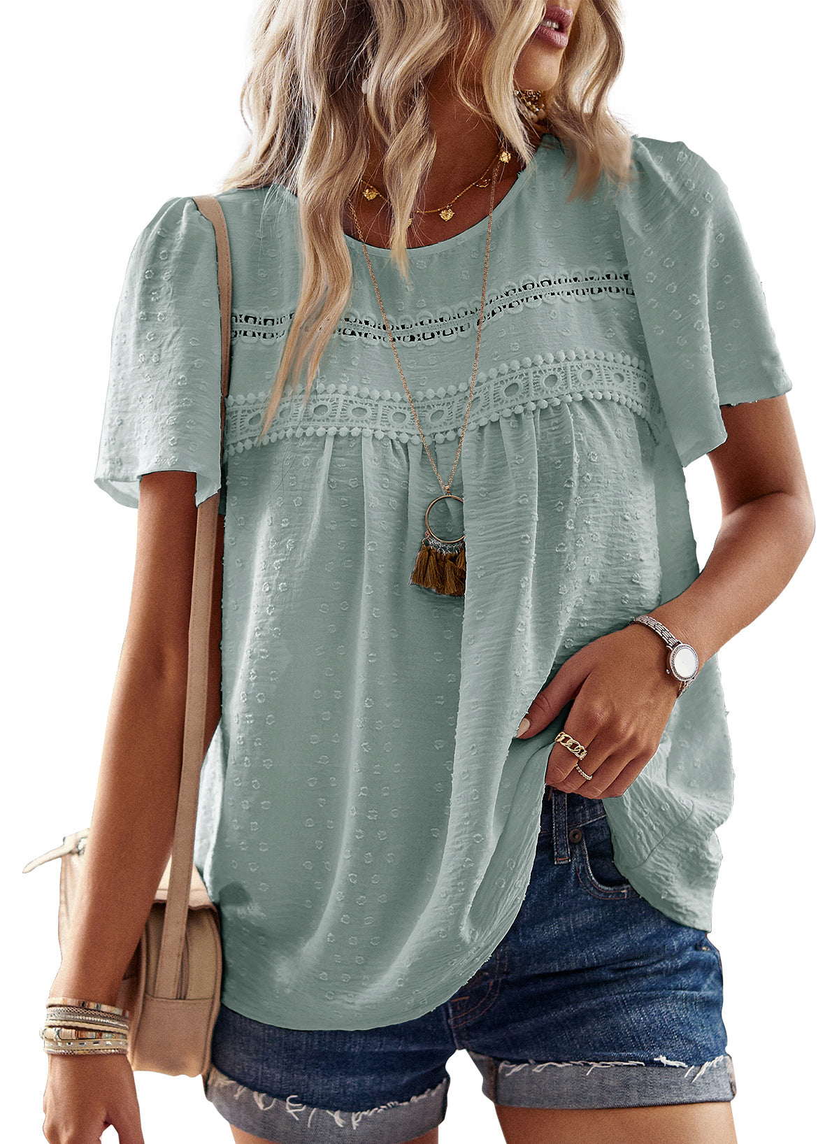 Womens Summer Tops Crewneck Short Sleeve Shirts Flowy Lace Hem Casual Chiffon Blouses