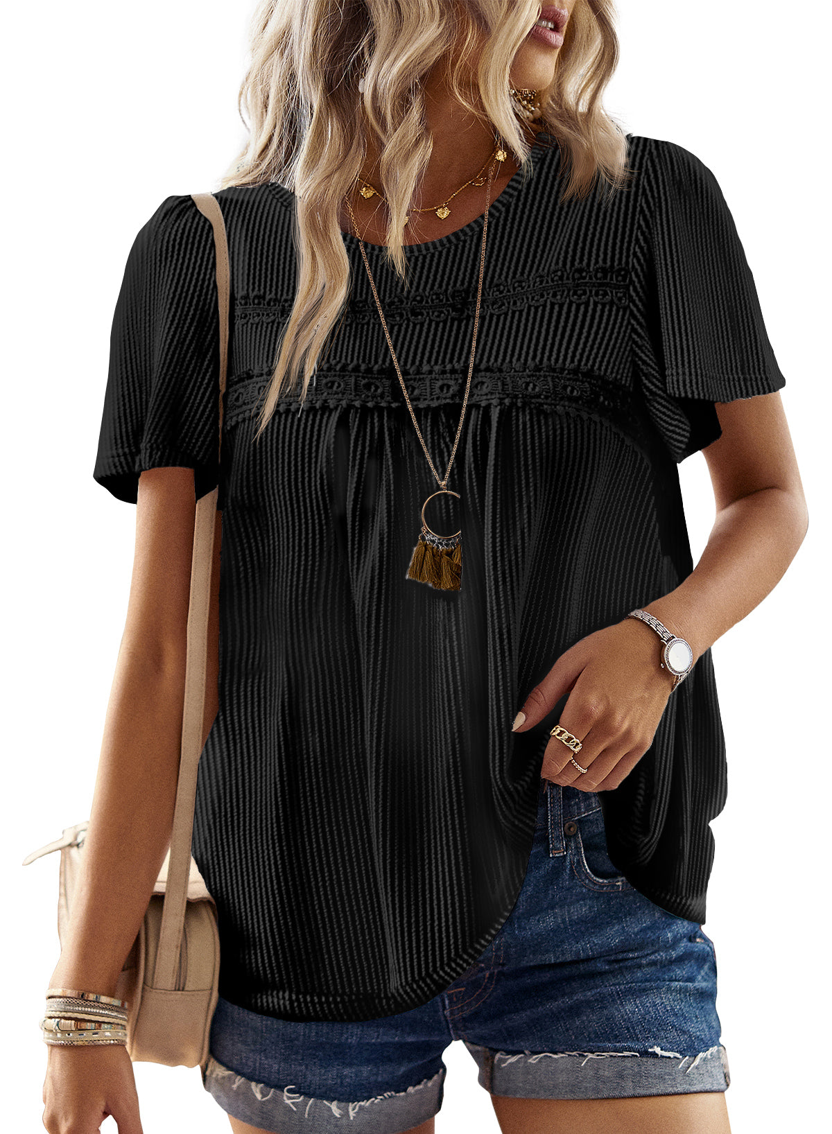 Womens Summer Tops Crewneck Short Sleeve Striped Shirts Casual Ribbed Blouses