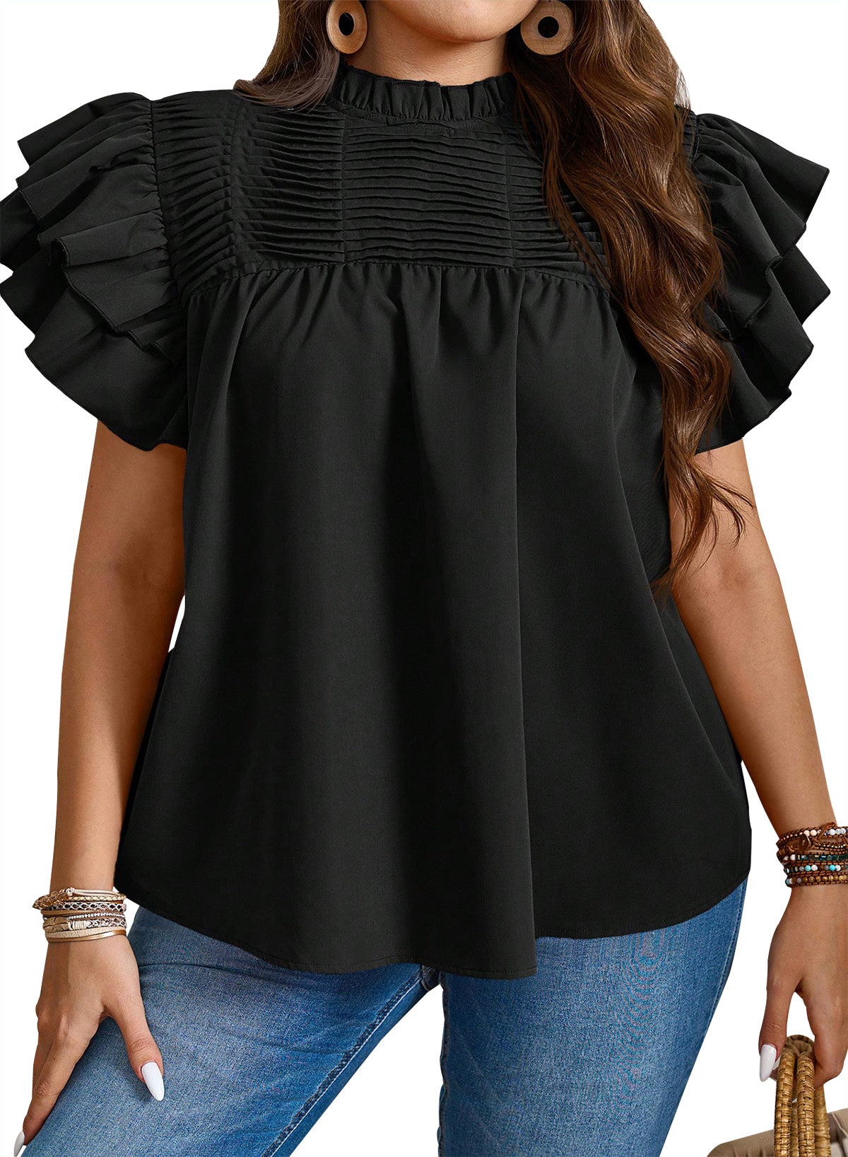 Womens Summer Tops Plus Size Ruffle Sleeve Blouses Dressy Casual Mock Neck