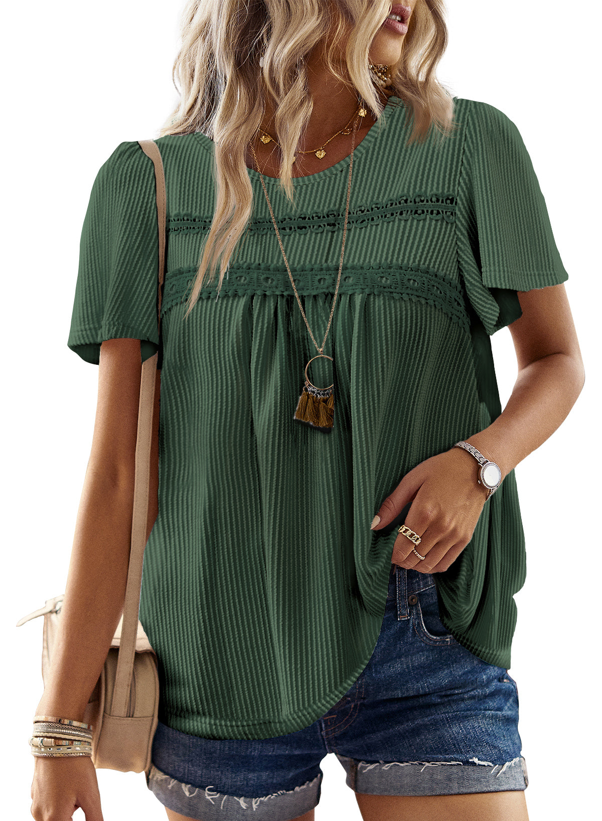 Womens Summer Tops Crewneck Short Sleeve Striped Shirts Casual Ribbed Blouses