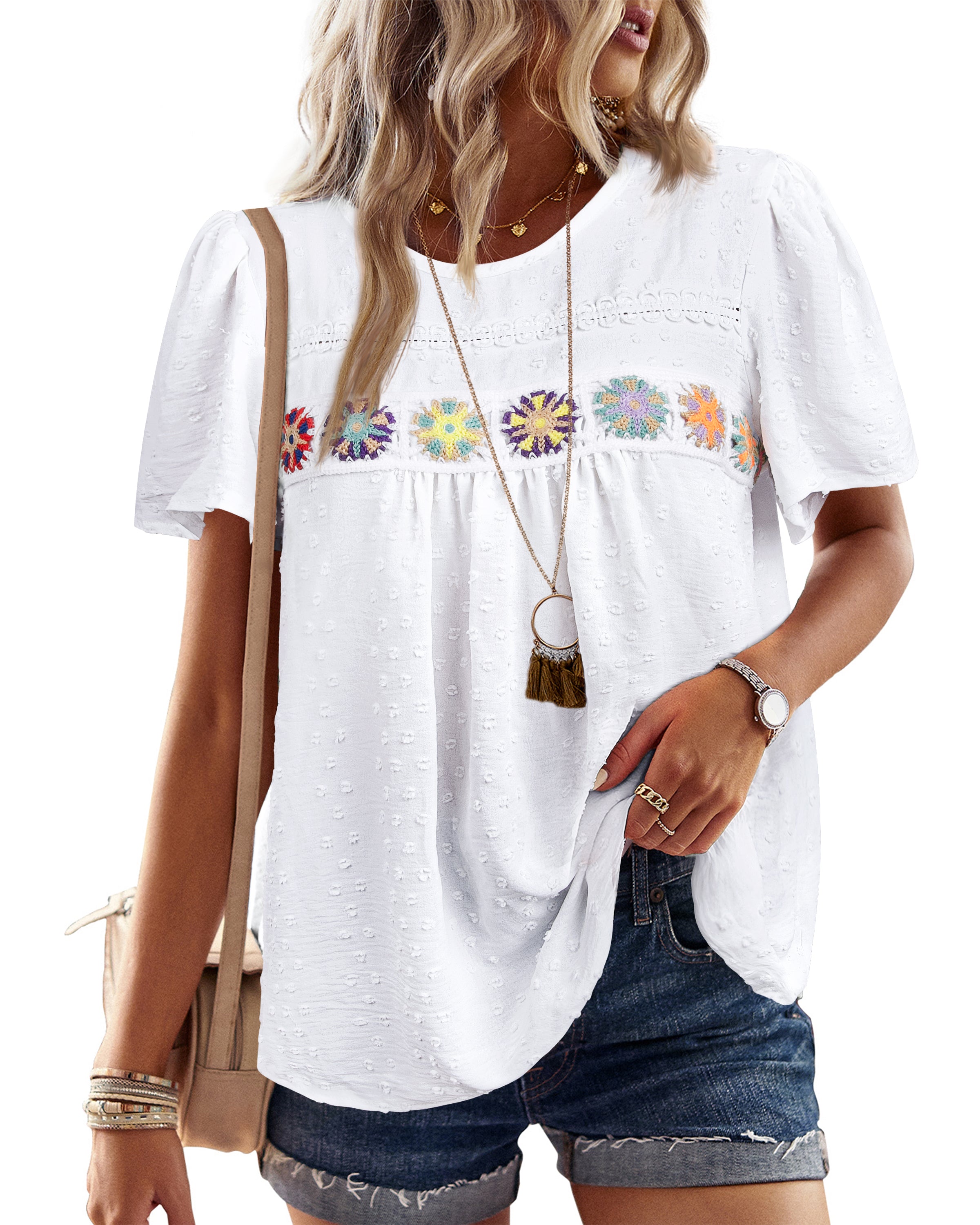 Womens Summer Tops Short Sleeve Shirts Floral Crochet Chiffon Blouses Swiss Dot Clothing