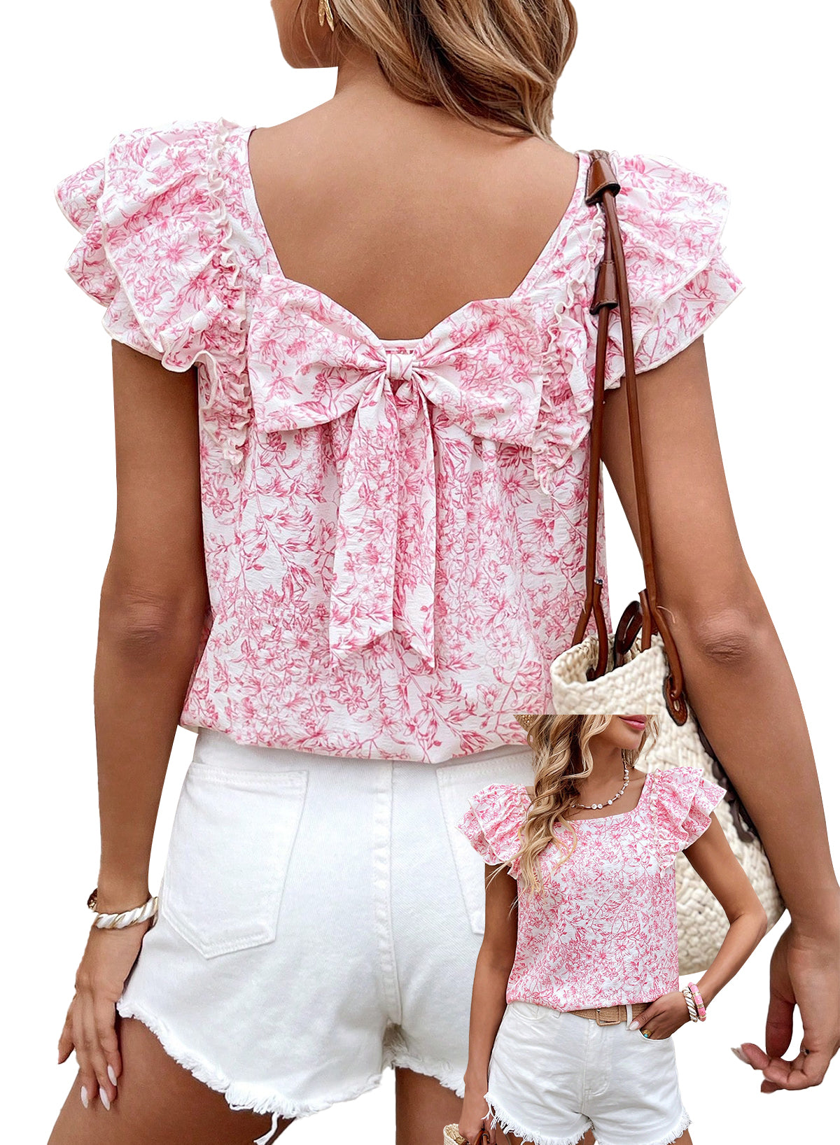 Womens Bow Tie Back Tops Ruffle Short Sleeve Shirts Cute Babydoll Chiffon Tee