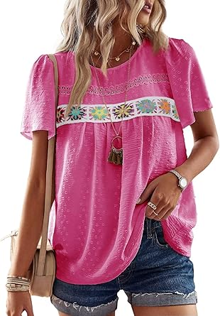 Womens Summer Tops Short Sleeve Shirts Floral Crochet Chiffon Blouses Swiss Dot Clothing