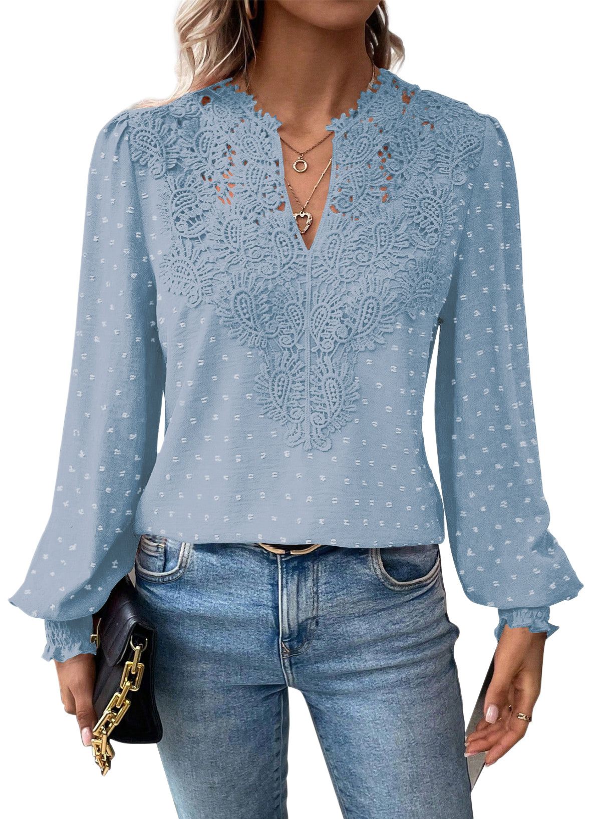 Womens Tops Swiss Dot Boho Long Sleeve Shirts V Neck Casual Chiffon Blouses