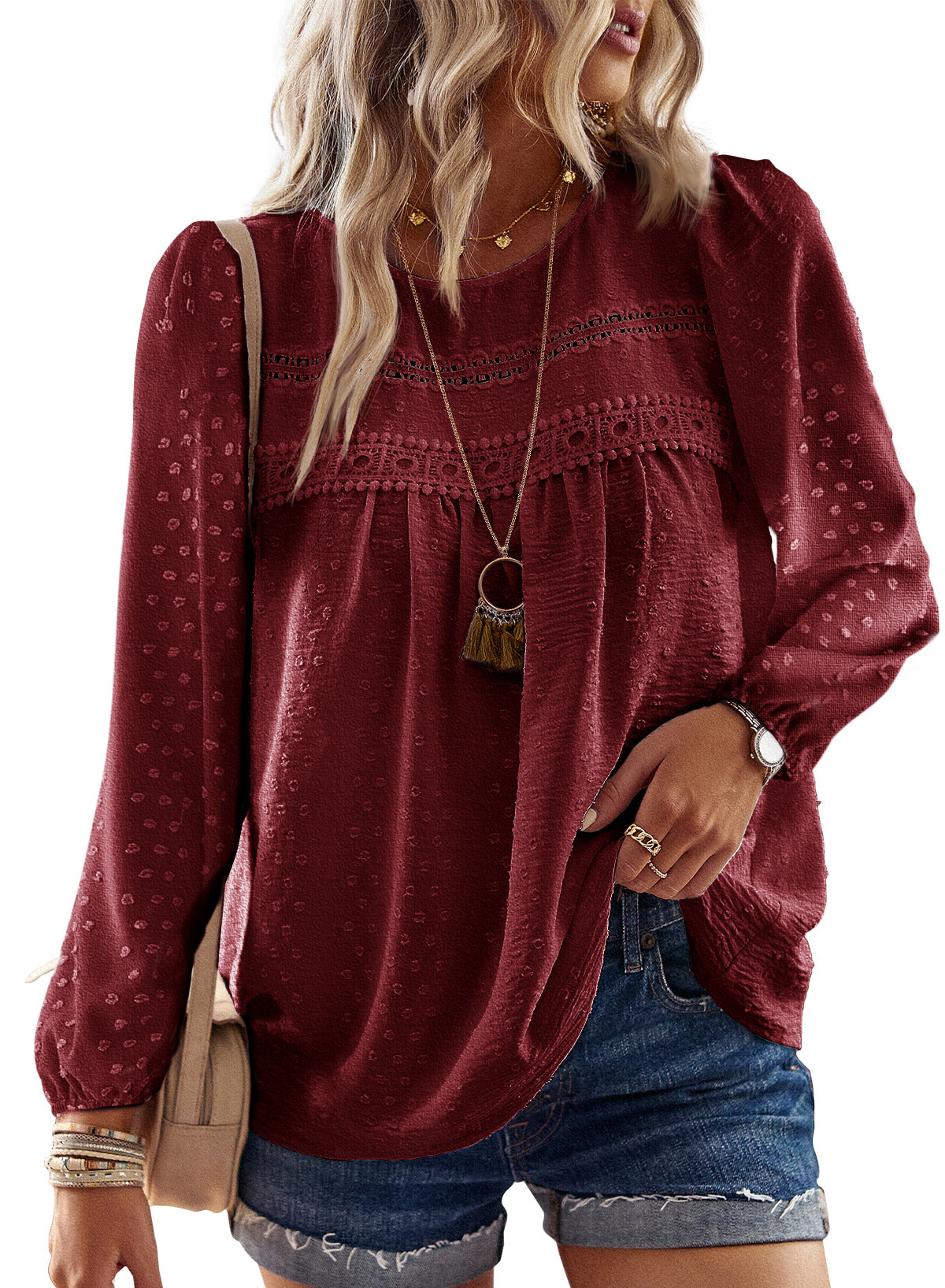 Boho Tops for Women Long Sleeve Shirts Crewneck Flowy Blouses Lace Hem Clothing