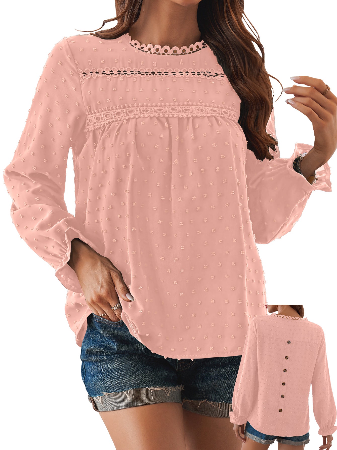 Womens Boho Tops Long Sleeve Shirts For Women Swiss Dot Cute Crewneck Blouse