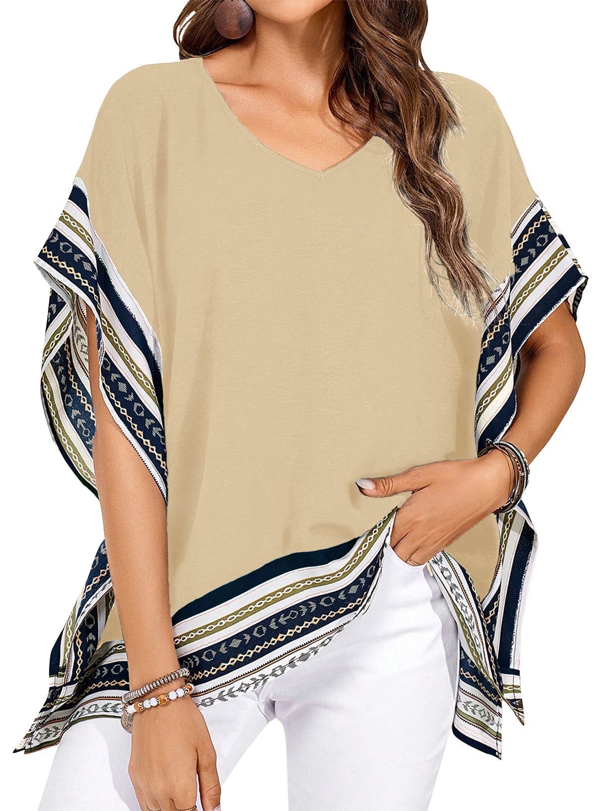 Women's Casual V Neck Floral Tops Batwing Sleeve Blouse Loose Fitting Shirts