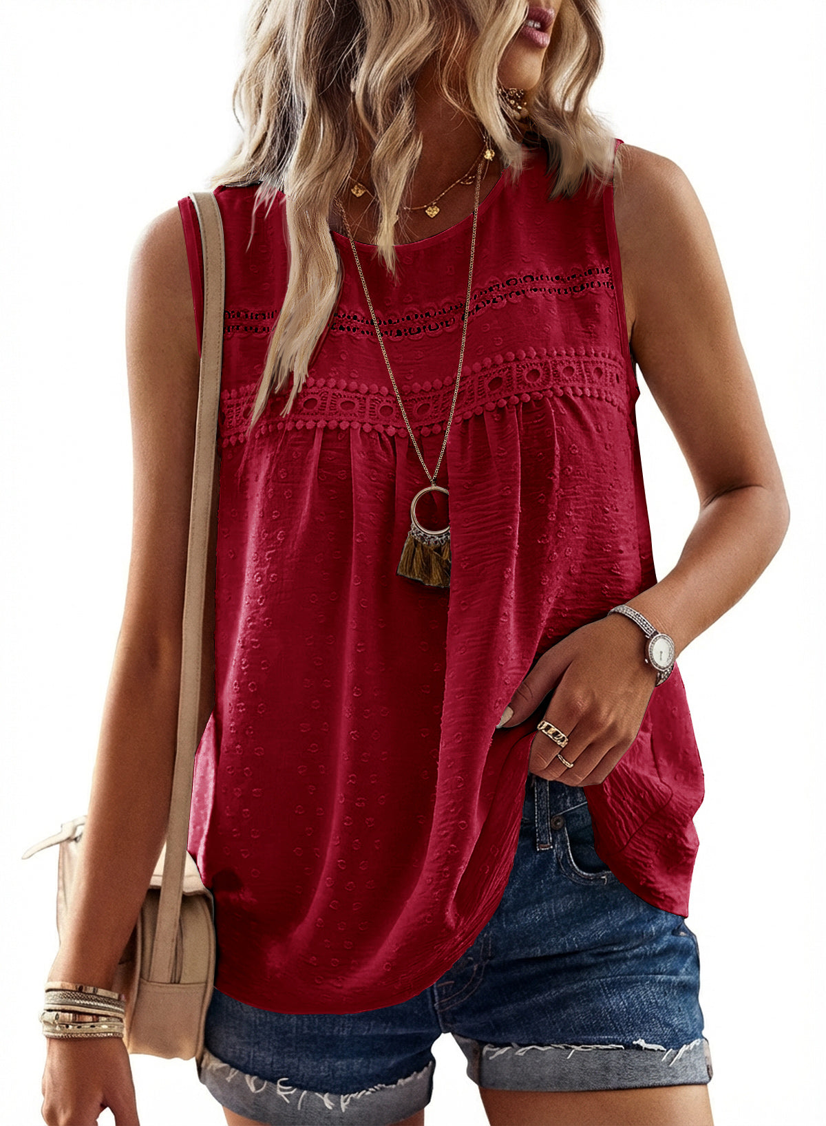 Womens Summer Tops Boho Shirts Crewneck Sleeveless Tank Tops Flowy Lace Hem Casual Blouses