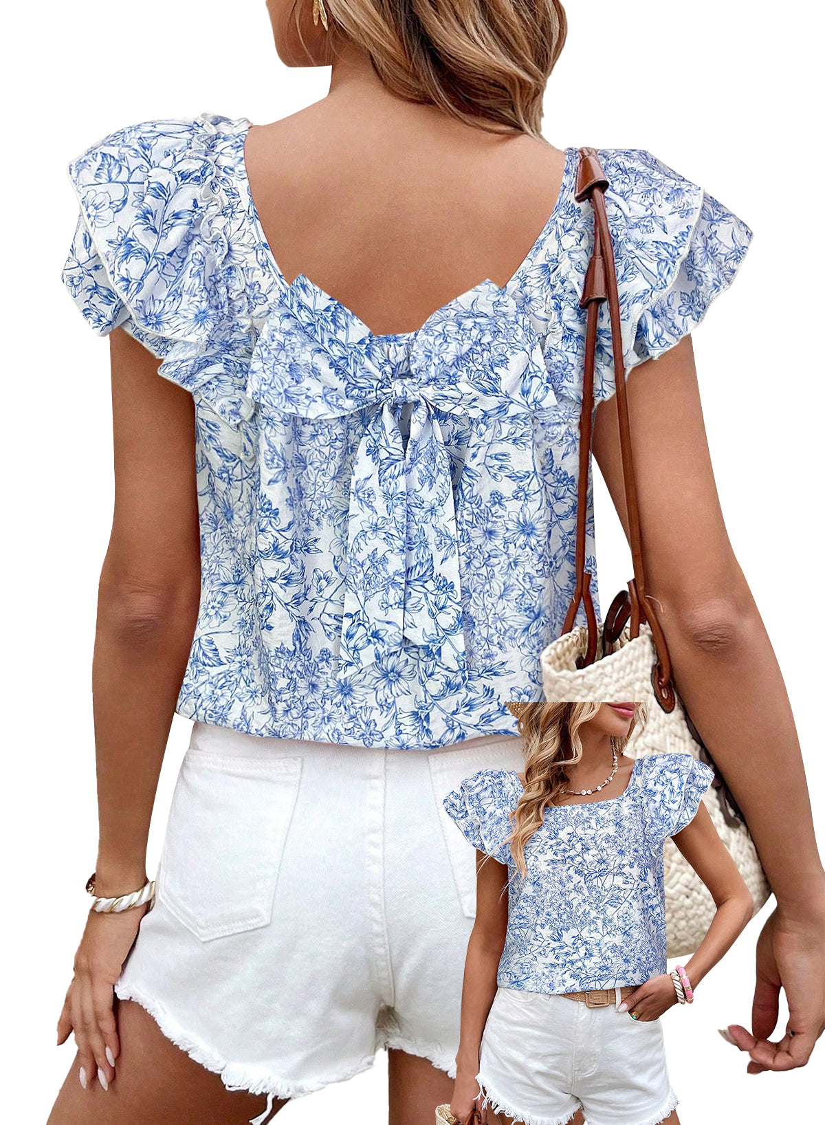 Womens Bow Tie Back Tops Ruffle Short Sleeve Shirts Cute Babydoll Chiffon Tee