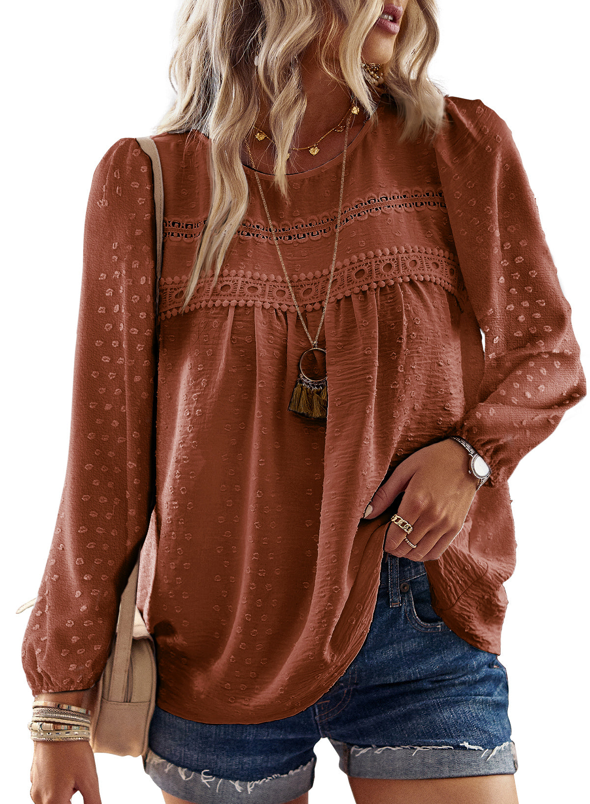 Boho Tops for Women Long Sleeve Shirts Crewneck Flowy Blouses Lace Hem Clothing