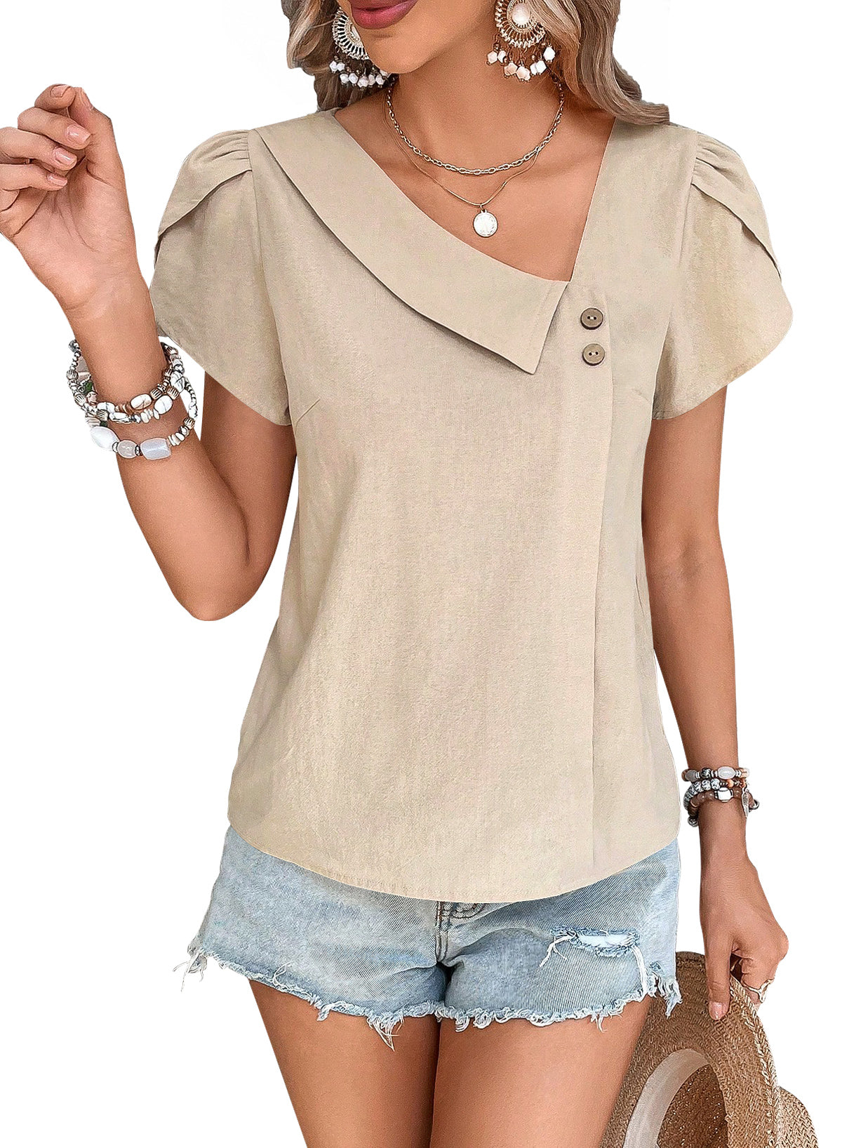Blouses for Women Dressy Casual Petal Sleeve V Neck Asymmetric Collar Summer Tops