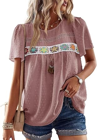 Womens Summer Tops Short Sleeve Shirts Floral Crochet Chiffon Blouses Swiss Dot Clothing