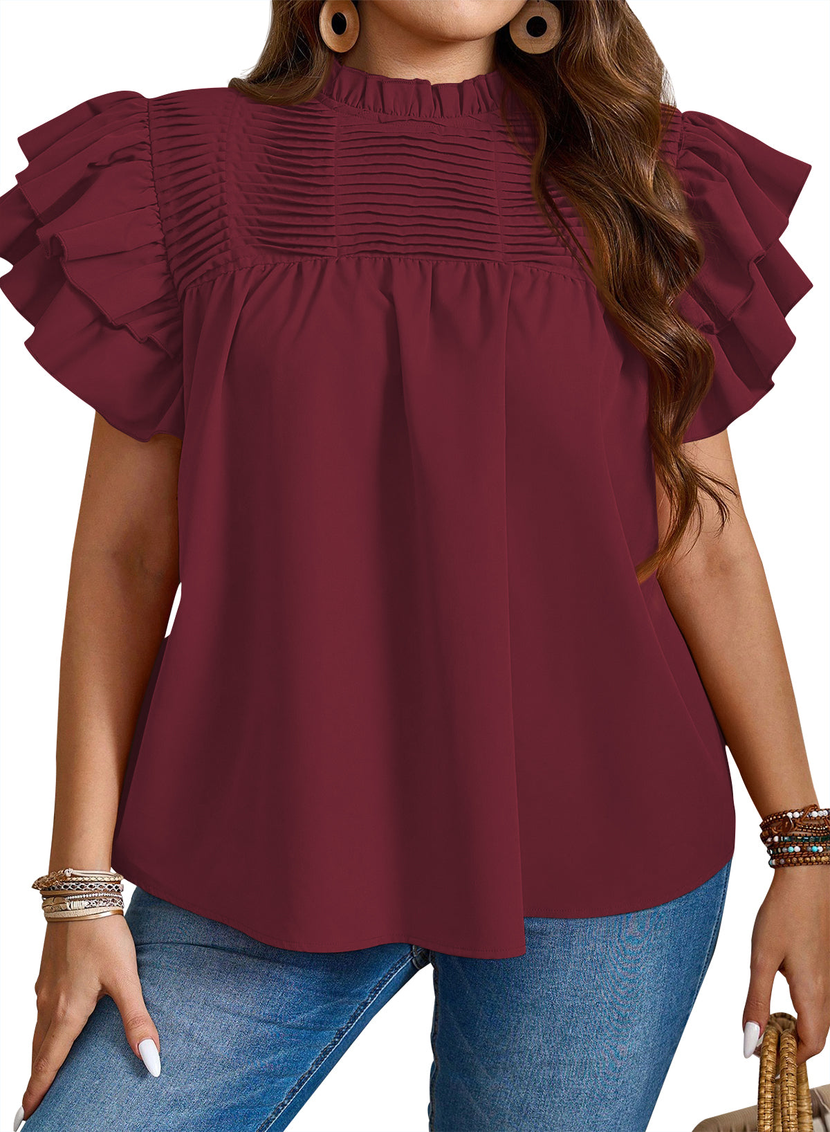 Womens Summer Tops Plus Size Ruffle Sleeve Blouses Dressy Casual Mock Neck