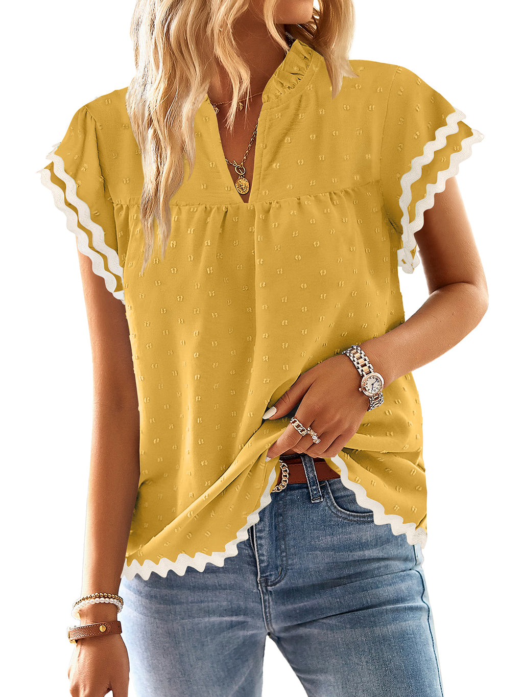 Womens Tops Summer Short Ruffle Sleeve V Neck Blouses Cute Boho Swiss Dot Lace Shirts