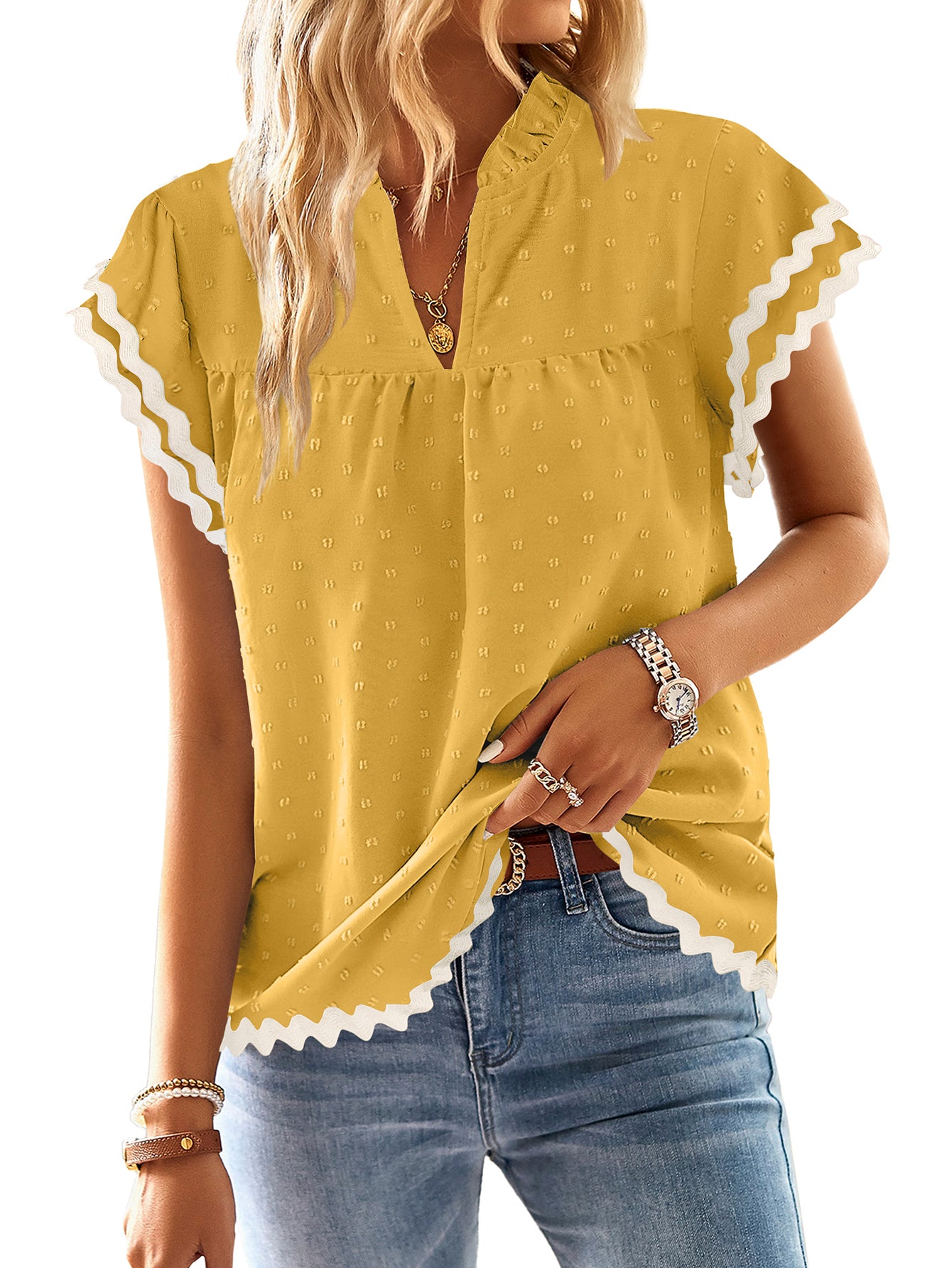 Womens Tops Summer Short Ruffle Sleeve V Neck Blouses Cute Boho Swiss Dot Lace Shirts