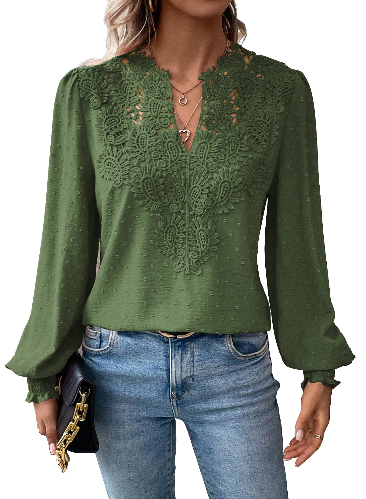 Womens Tops Swiss Dot Boho Long Sleeve Shirts V Neck Casual Chiffon Blouses
