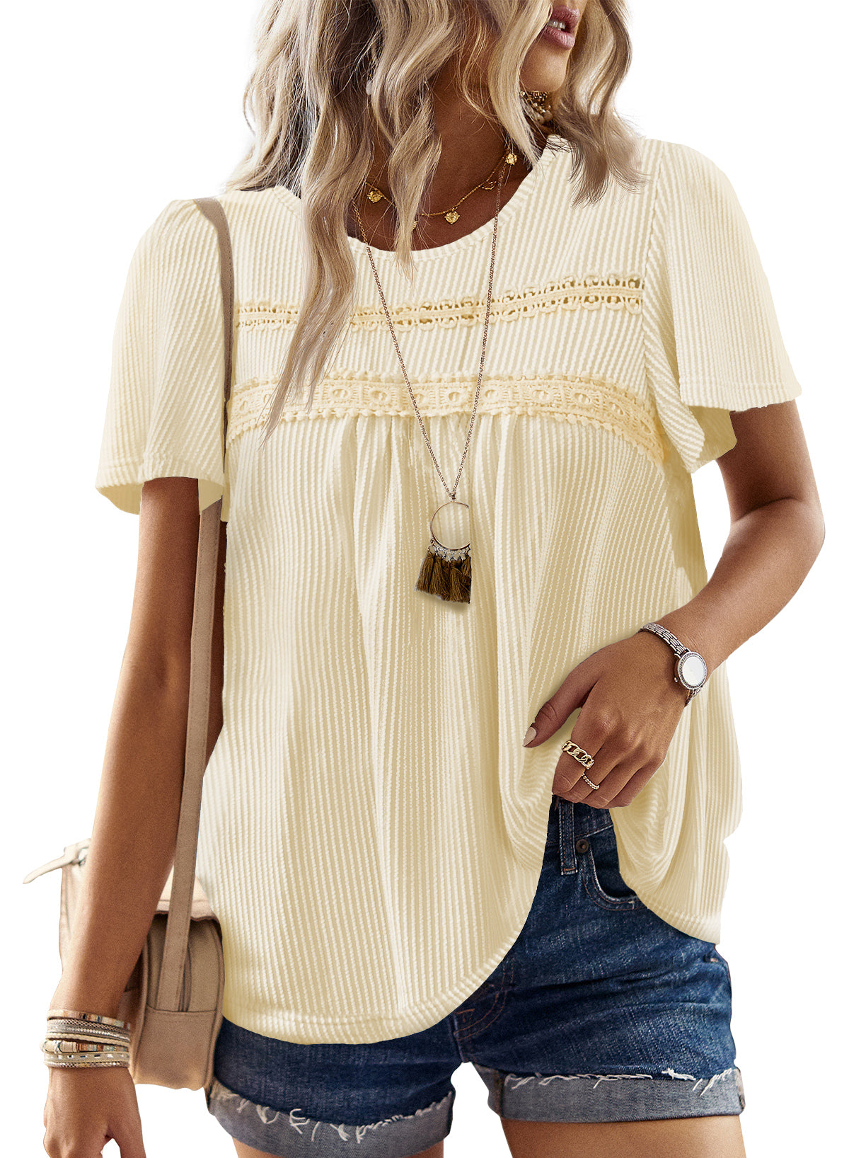 Womens Summer Tops Crewneck Short Sleeve Striped Shirts Casual Ribbed Blouses