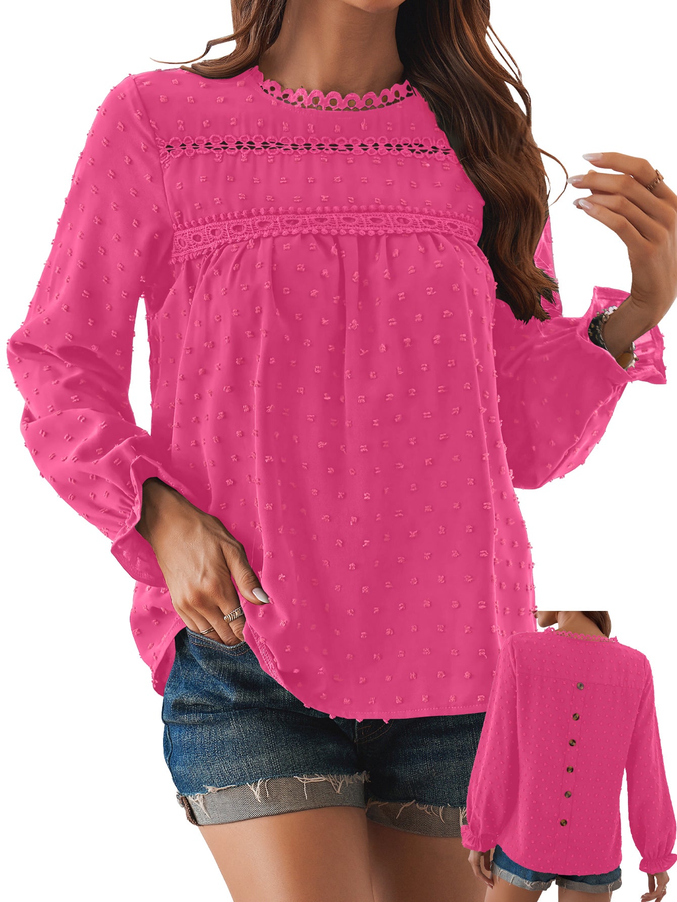 Womens Boho Tops Long Sleeve Shirts For Women Swiss Dot Cute Crewneck Blouse