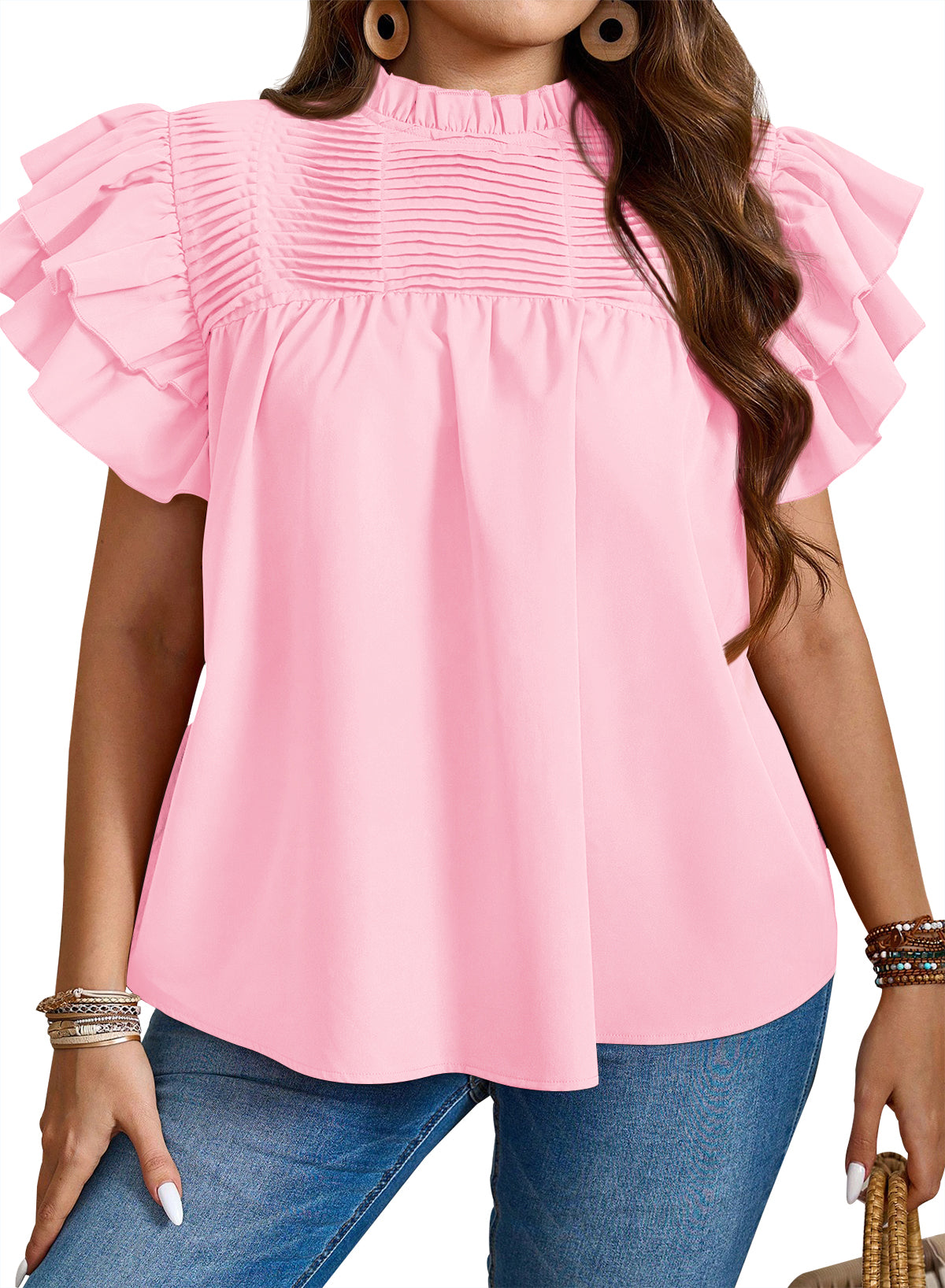 Womens Summer Tops Plus Size Ruffle Sleeve Blouses Dressy Casual Mock Neck