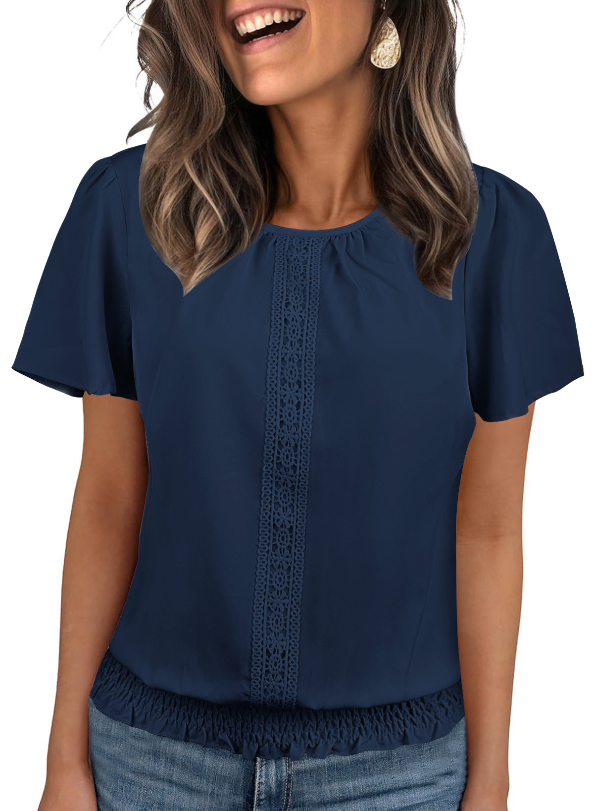 Womens Summer Tops Scoop Neck Ruffle Sleeve Shirts