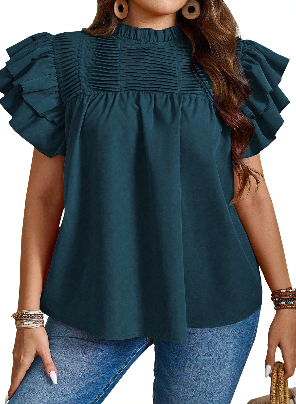 Womens Summer Tops Plus Size Ruffle Sleeve Blouses Dressy Casual Mock Neck