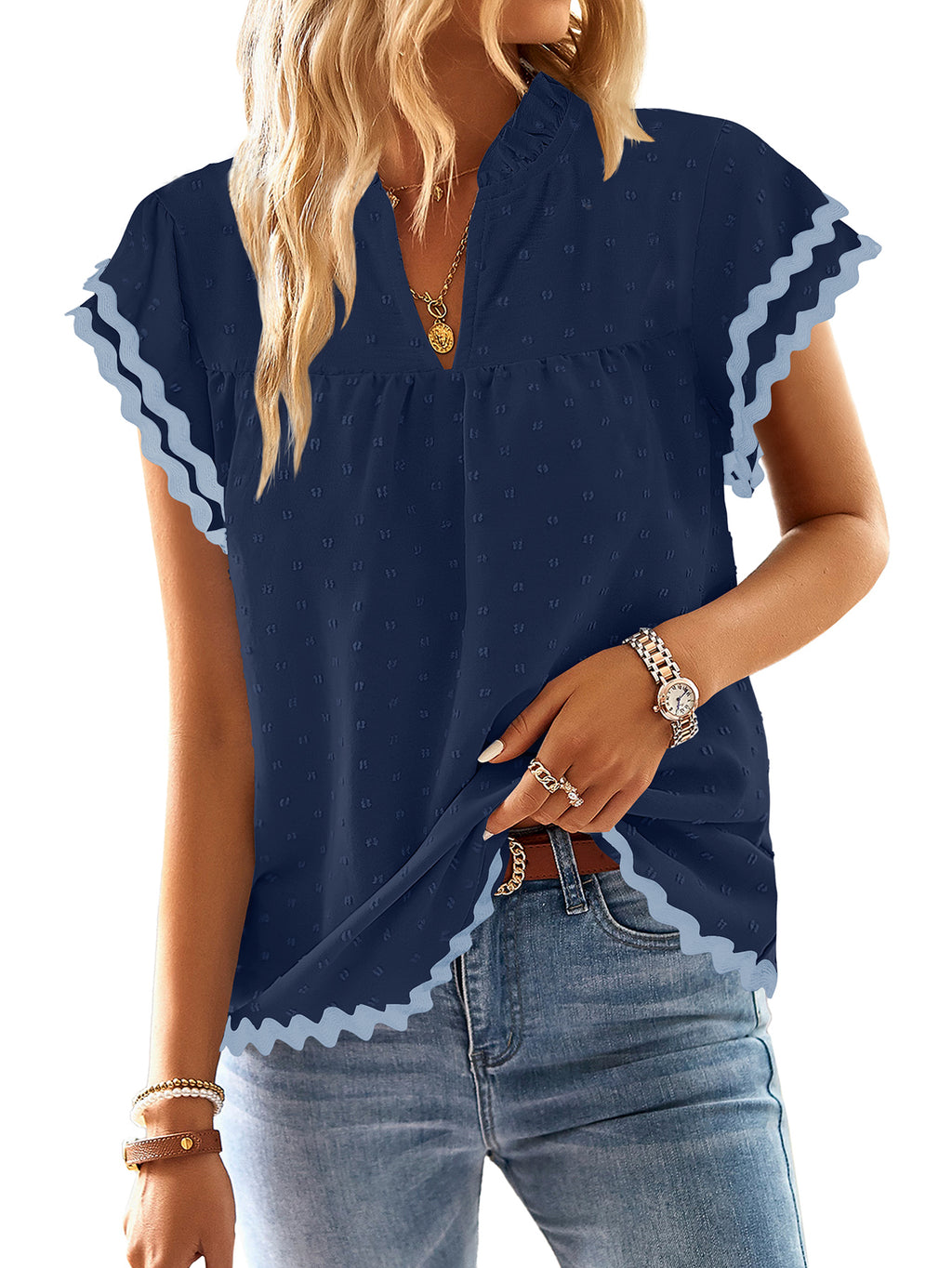 Womens Tops Summer Short Ruffle Sleeve V Neck Blouses Cute Boho Swiss Dot Lace Shirts