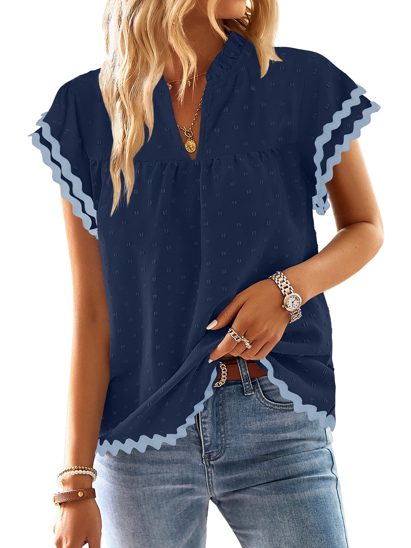 Womens Tops Summer Short Ruffle Sleeve V Neck Blouses Cute Boho Swiss Dot Lace Shirts