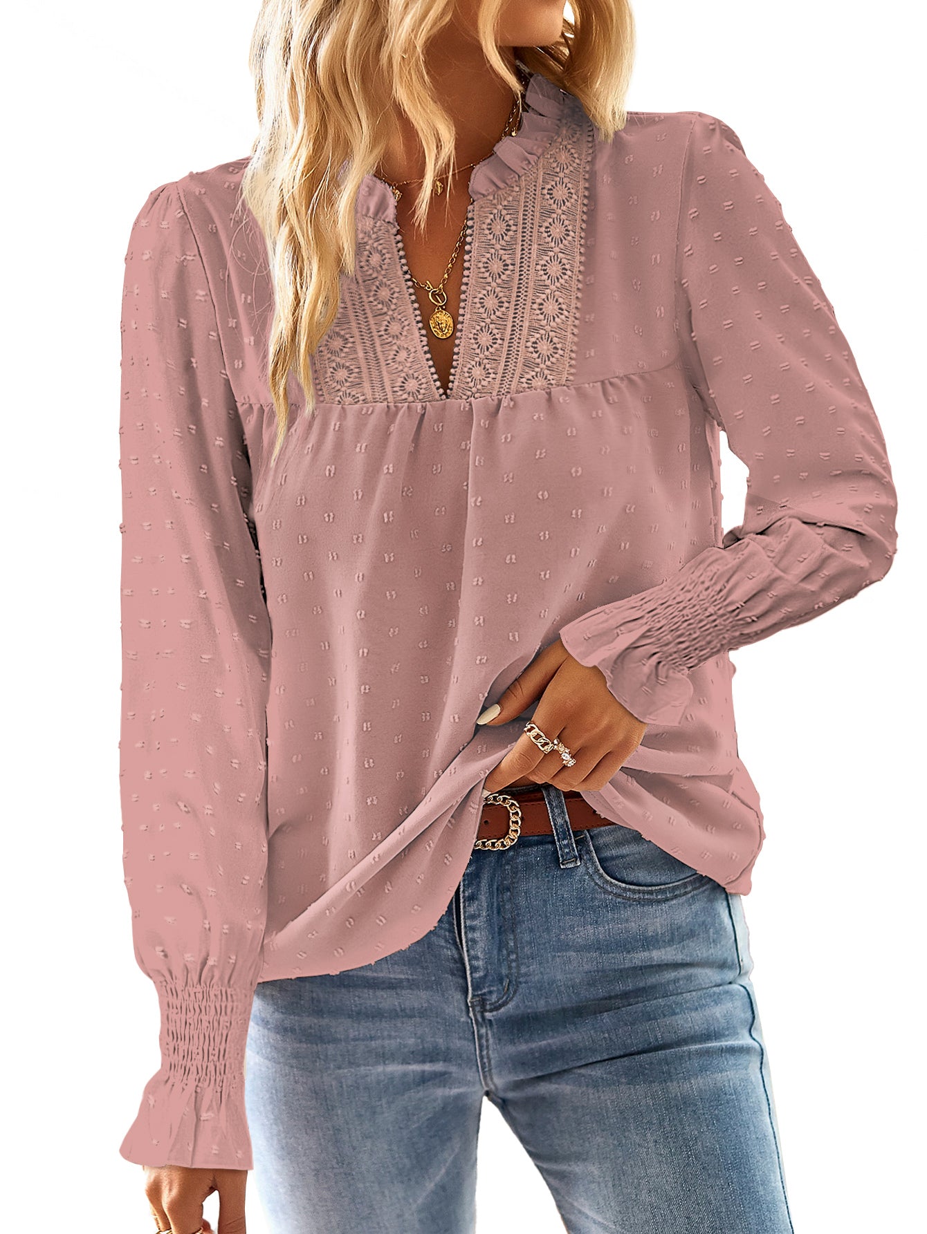 Boho Tops for Women V Neck Blouses Flowy Swiss Dot Lace Long Sleeve Shirts