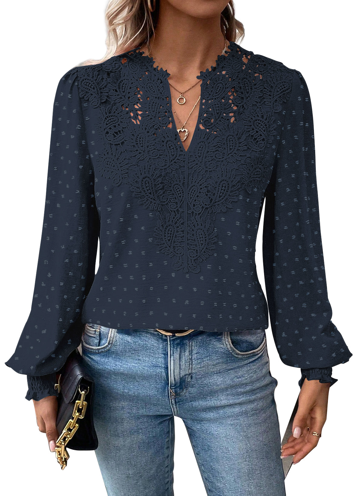 Womens Tops Swiss Dot Boho Long Sleeve Shirts V Neck Casual Chiffon Blouses